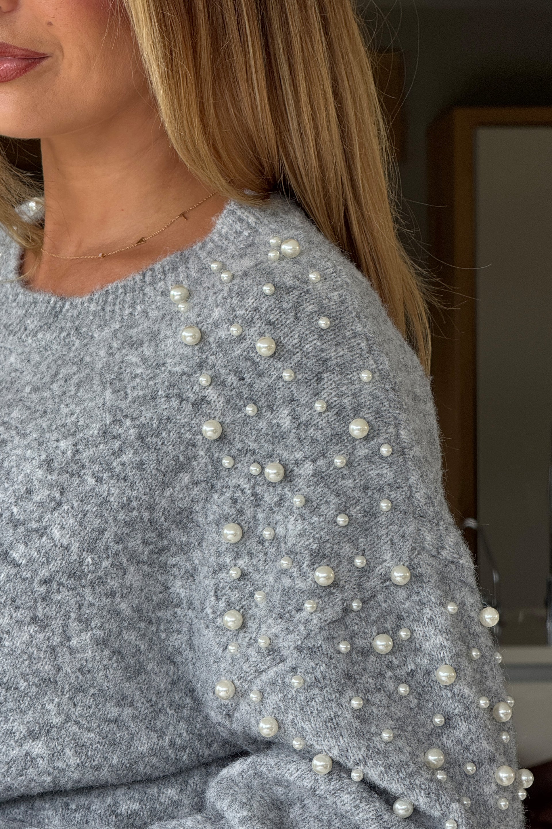 Rosaria Pearl Detail Round Neck Jumper Grey