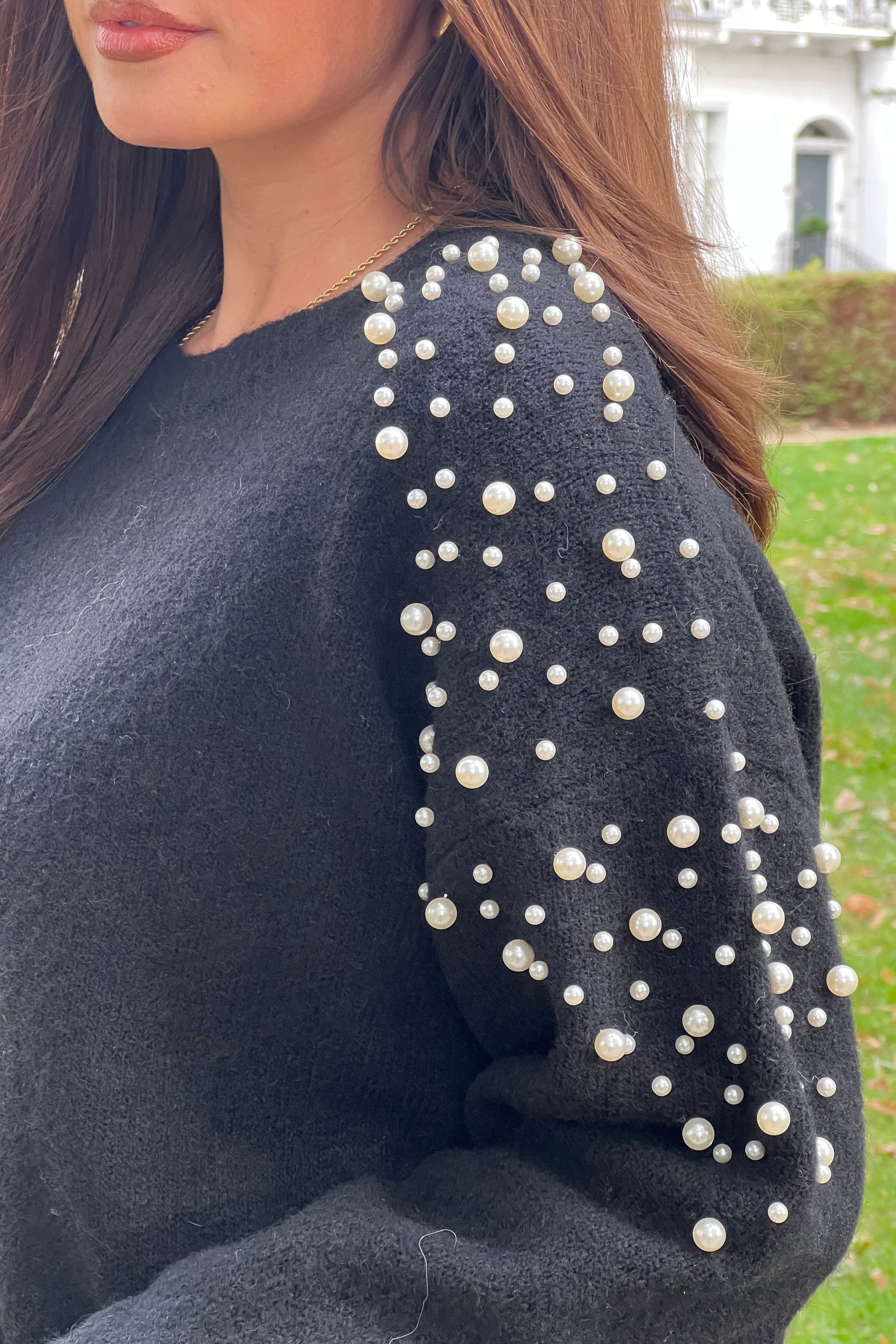 Rosaria Pearl Detail Round Neck Jumper Black