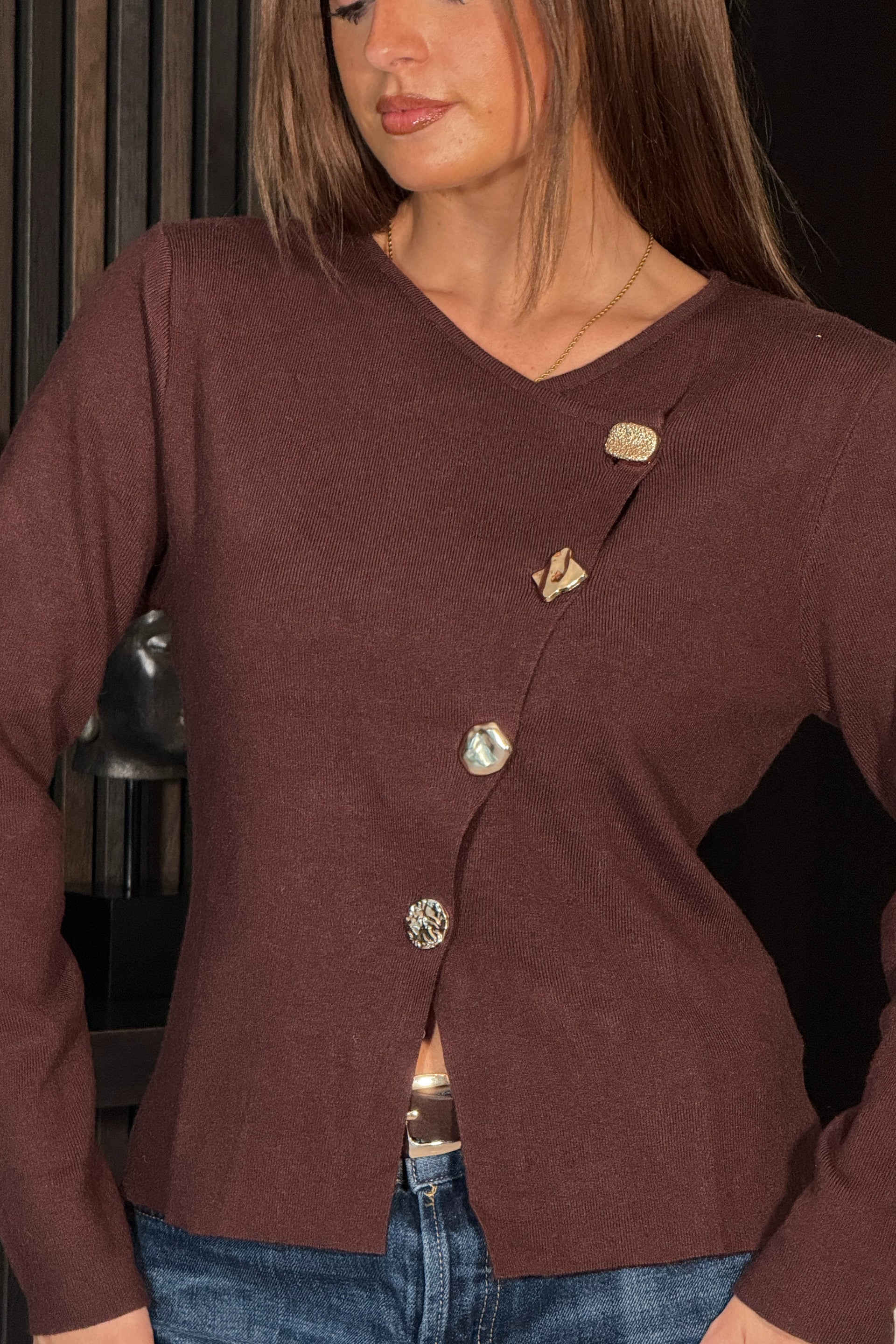 Meli Asymmetric Neckline Jumper Brown