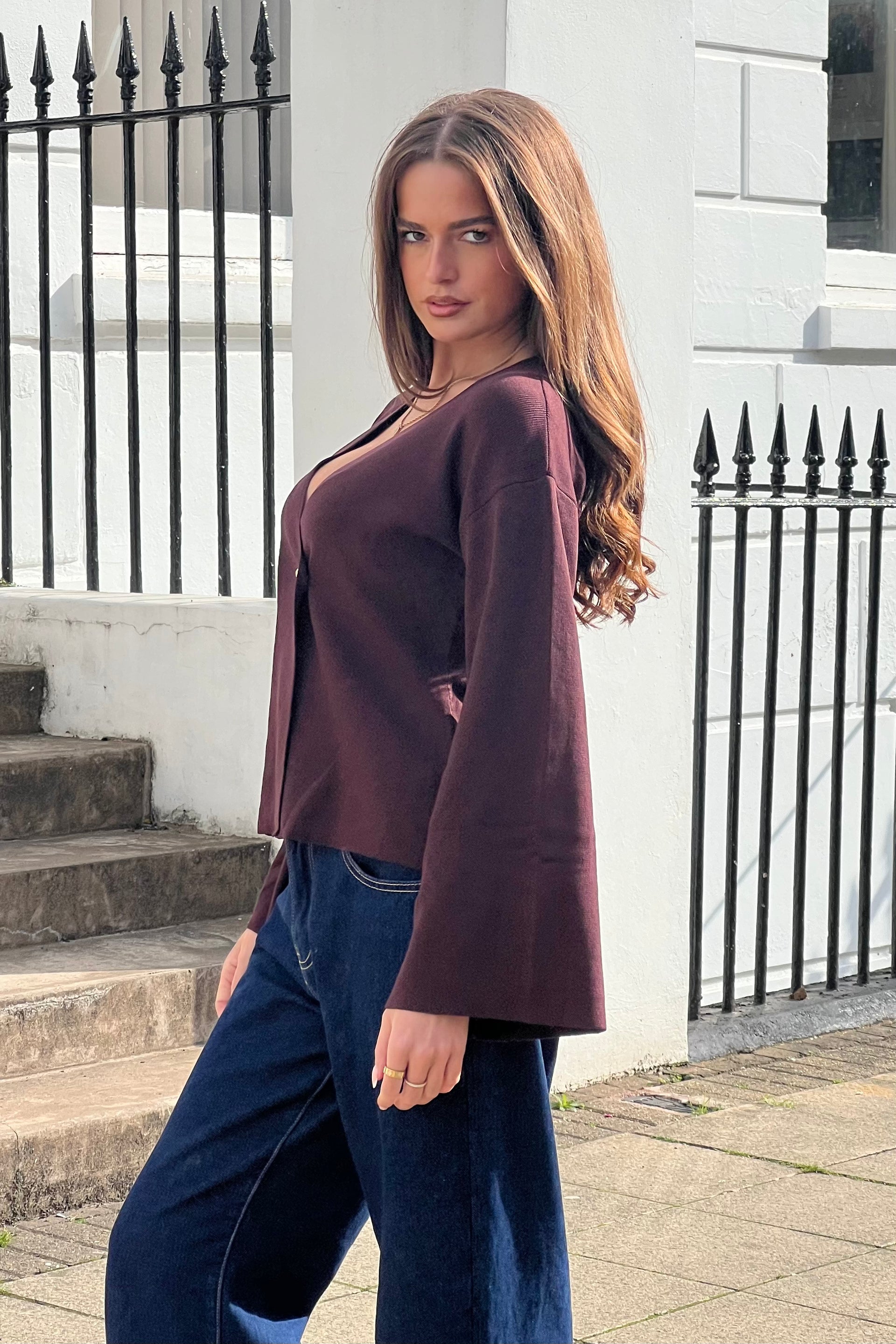 Navi Structured Knit Long Sleeve Cardigan Chocolate