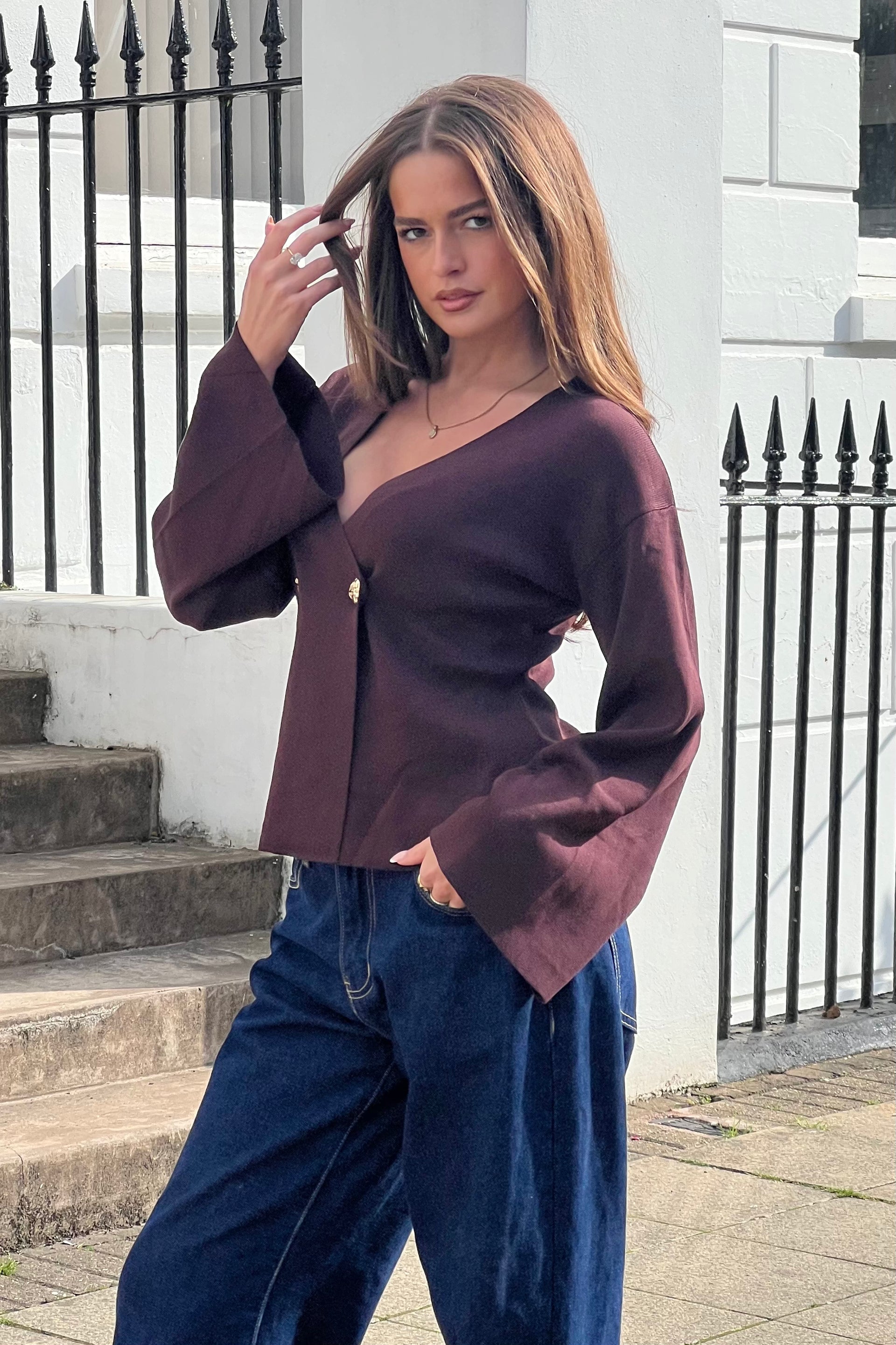 Navi Structured Knit Long Sleeve Cardigan Chocolate