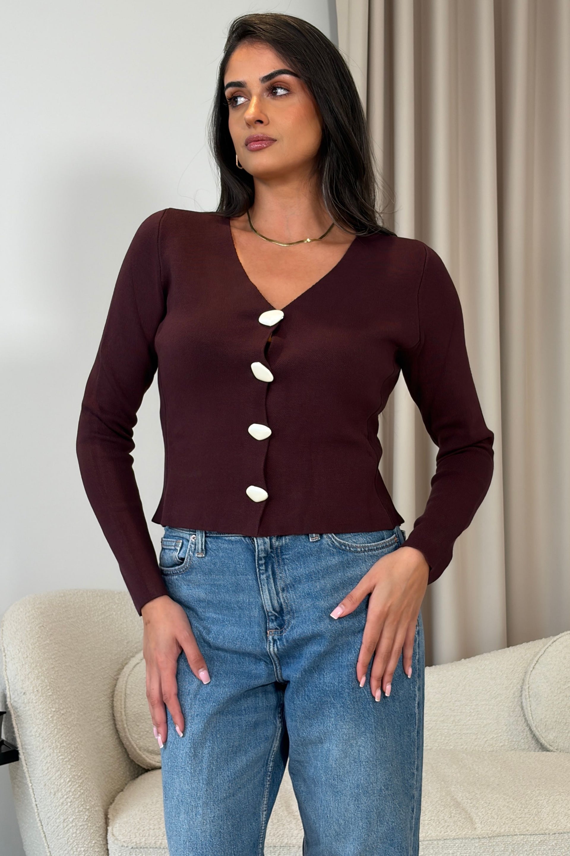 Desiree Pearl Button V Neck Knitted Cardigal Brown