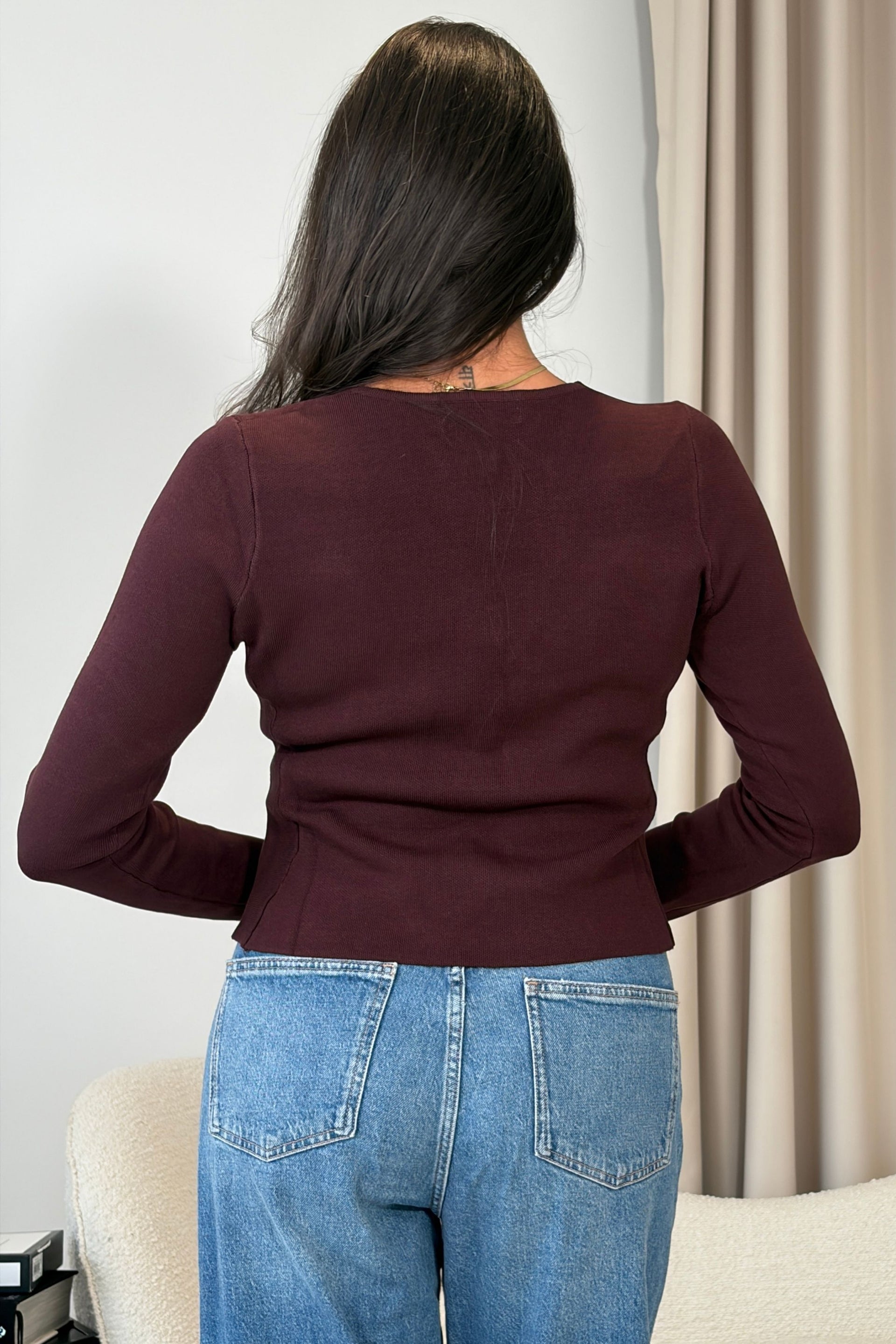 Desiree Pearl Button V Neck Knitted Cardigal Brown
