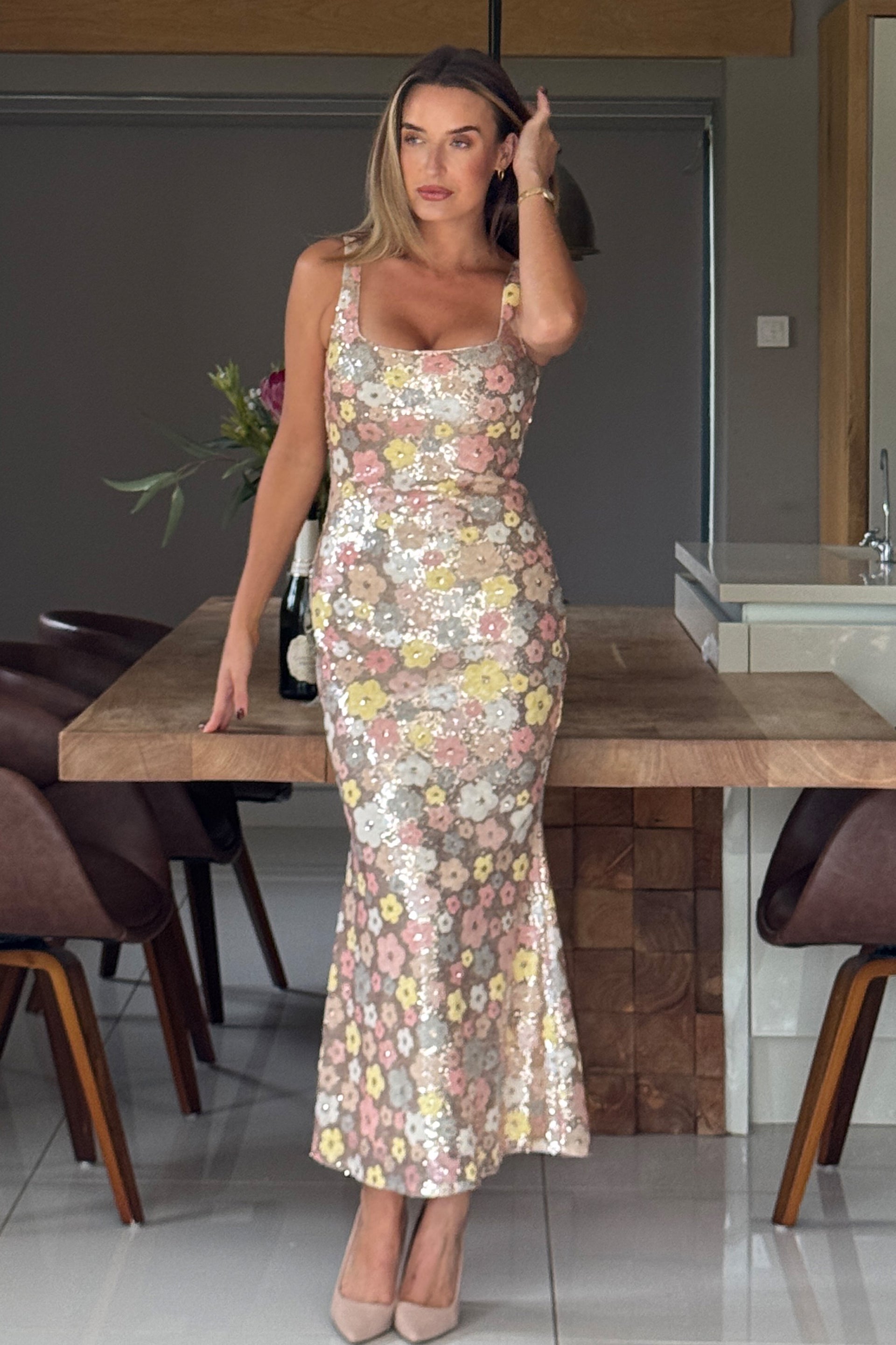 Lisbon Square Neck Gold Sequin Midi Dress