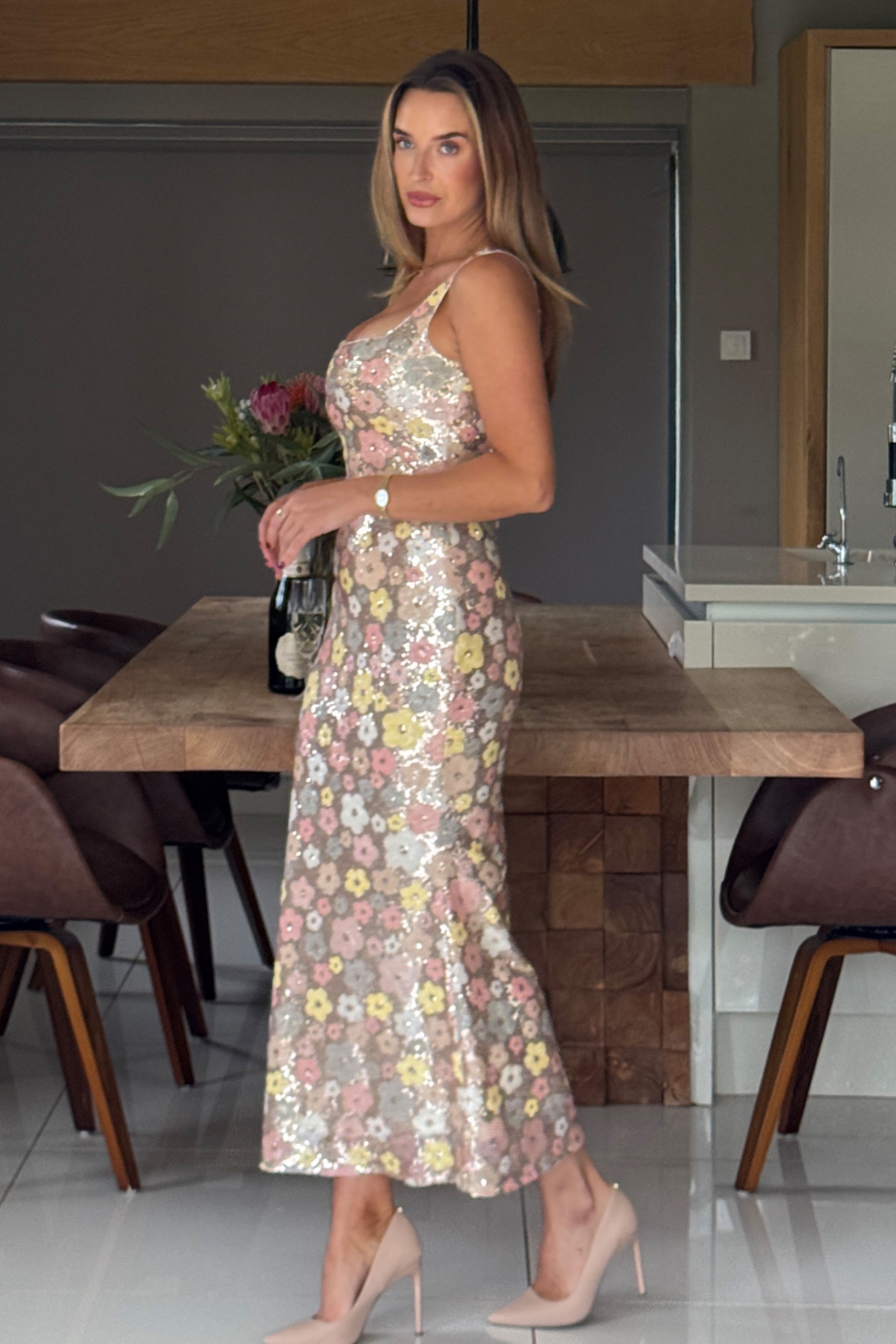 Lisbon Square Neck Gold Sequin Midi Dress