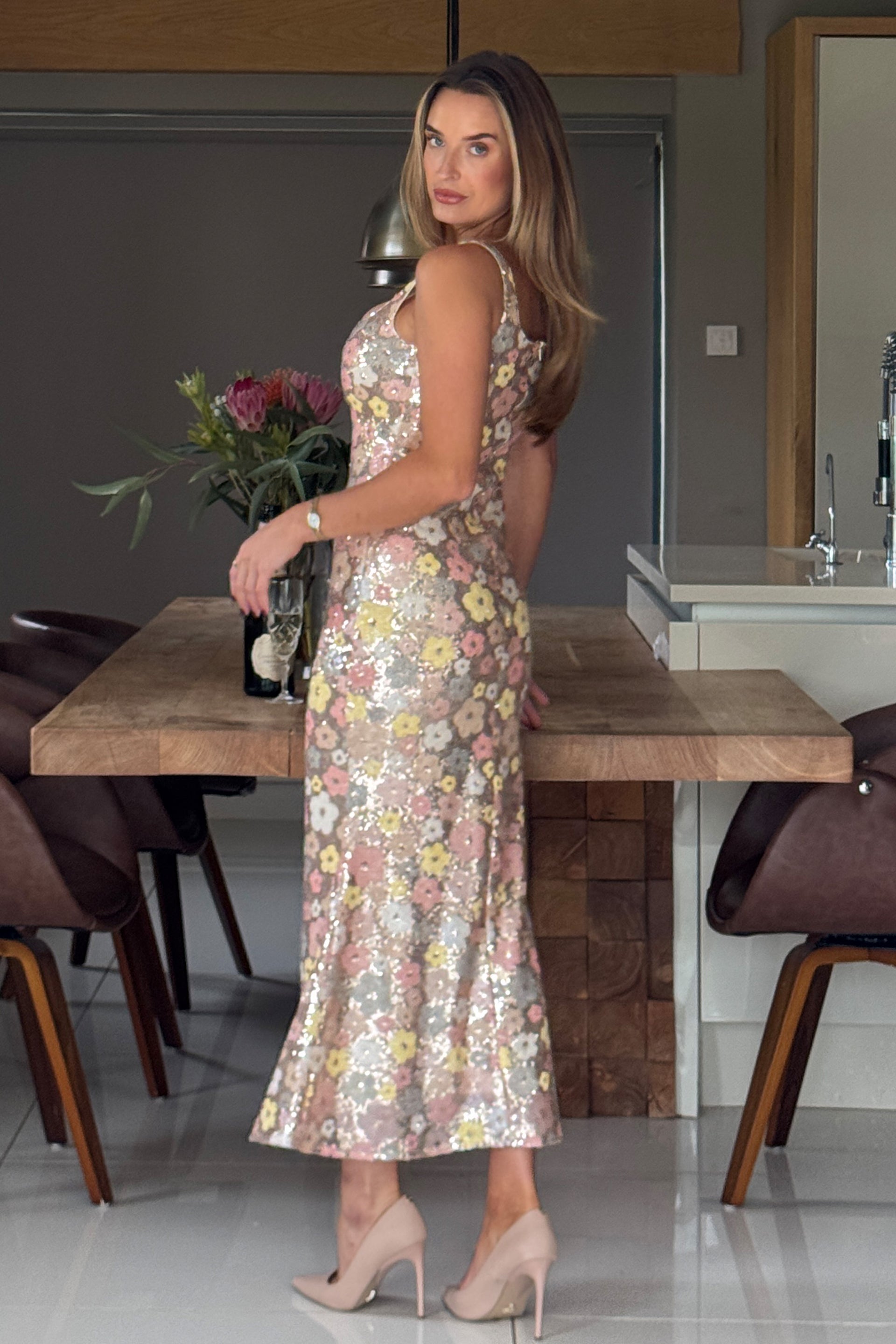 Lisbon Square Neck Gold Sequin Midi Dress