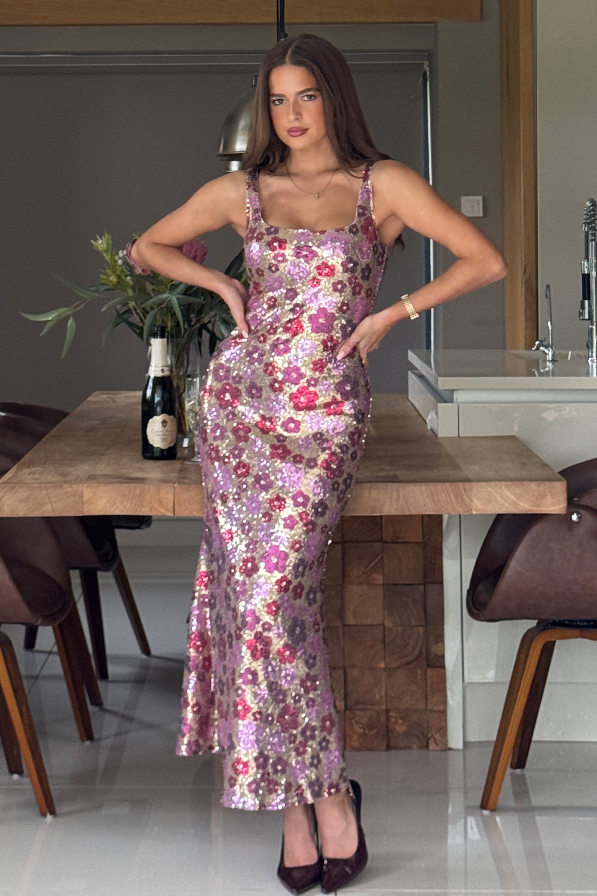 Lisbon Square Neck Pink & Gold Sequin Midi Dress
