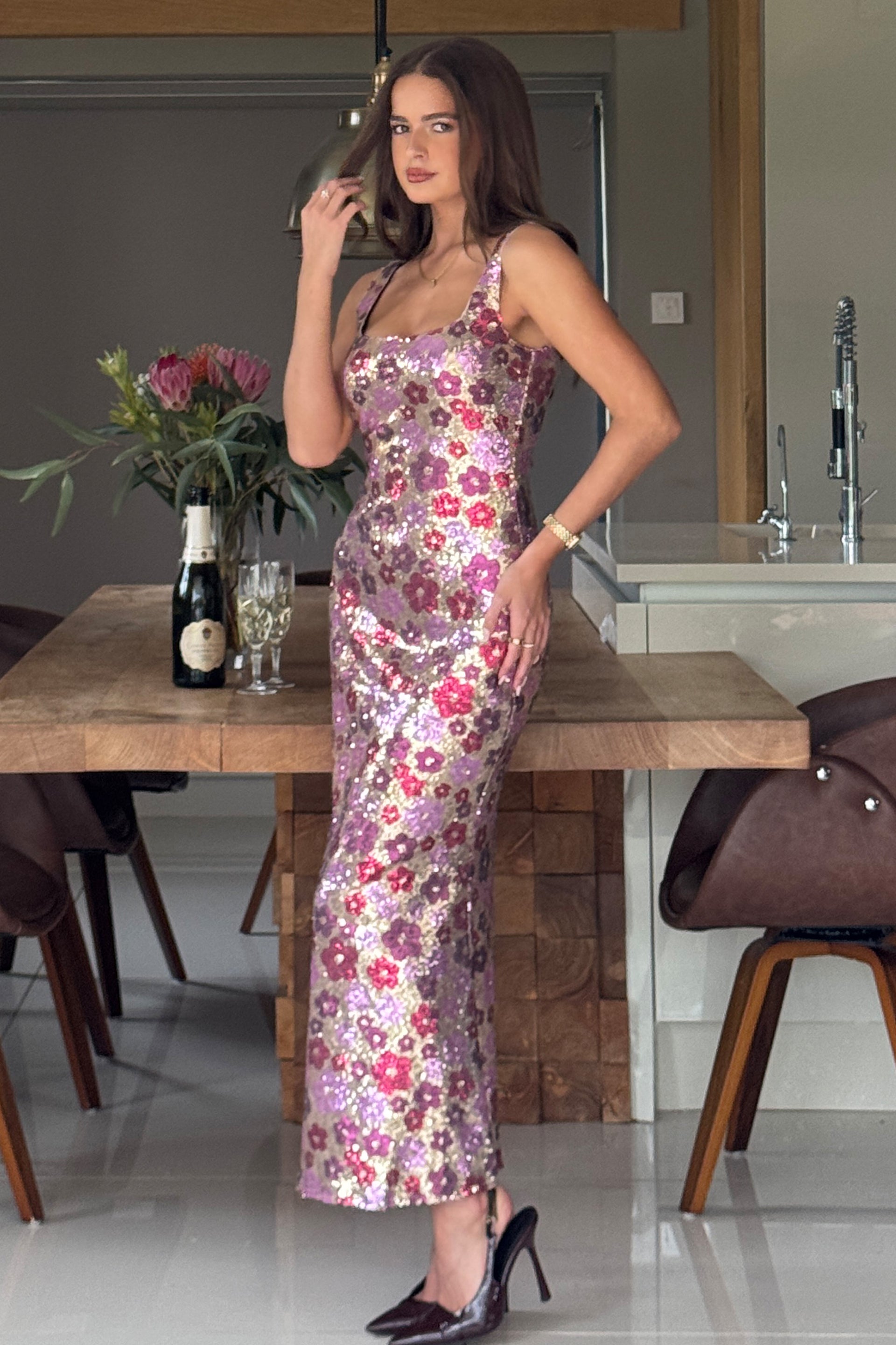 Lisbon Square Neck Pink & Gold Sequin Midi Dress