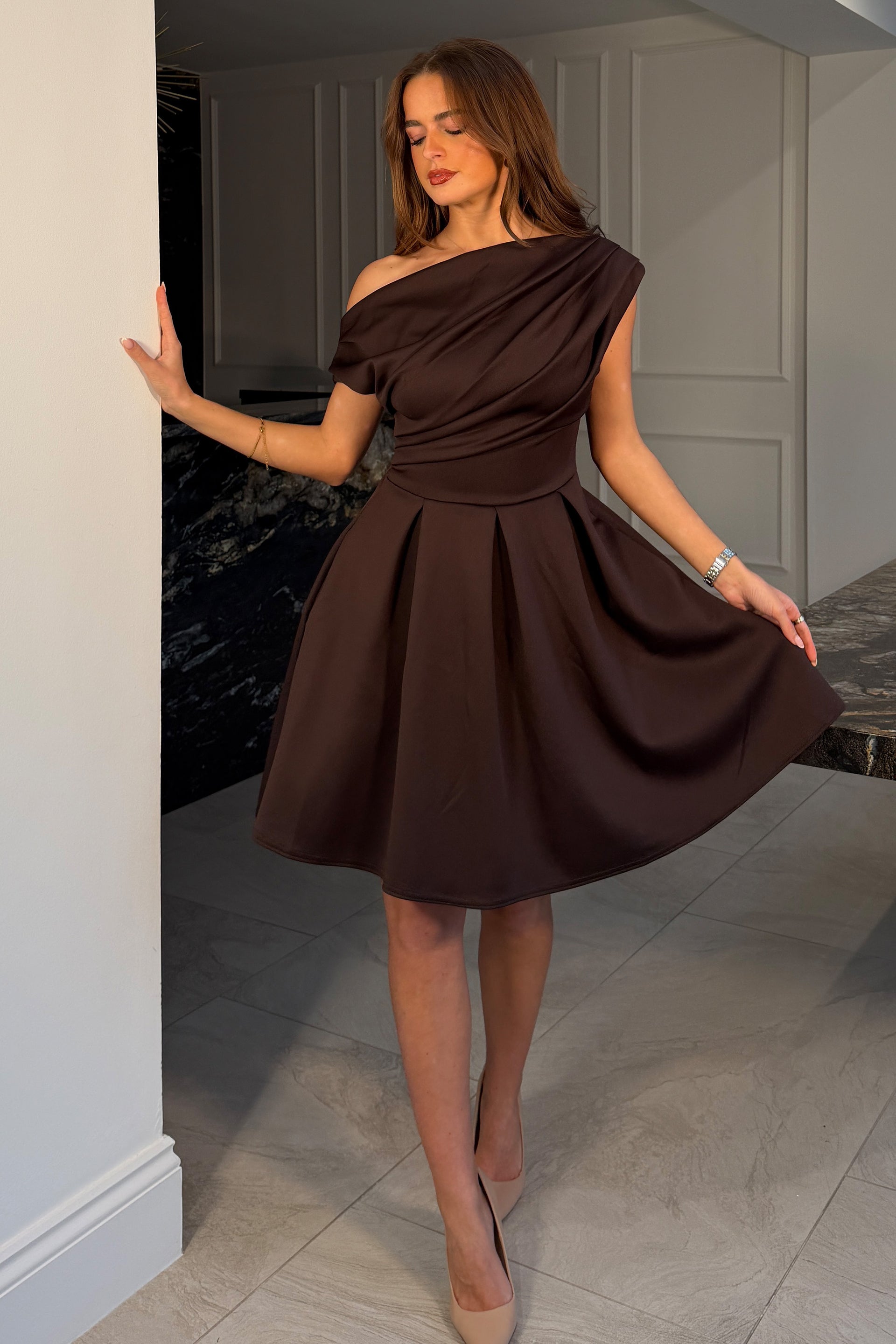 Betty Asymmetric Neckline Skater Mini Dress Brown