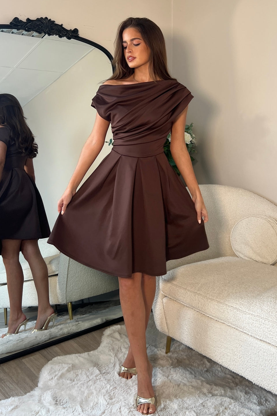 Betty Asymmetric Neckline Skater Mini Dress Brown