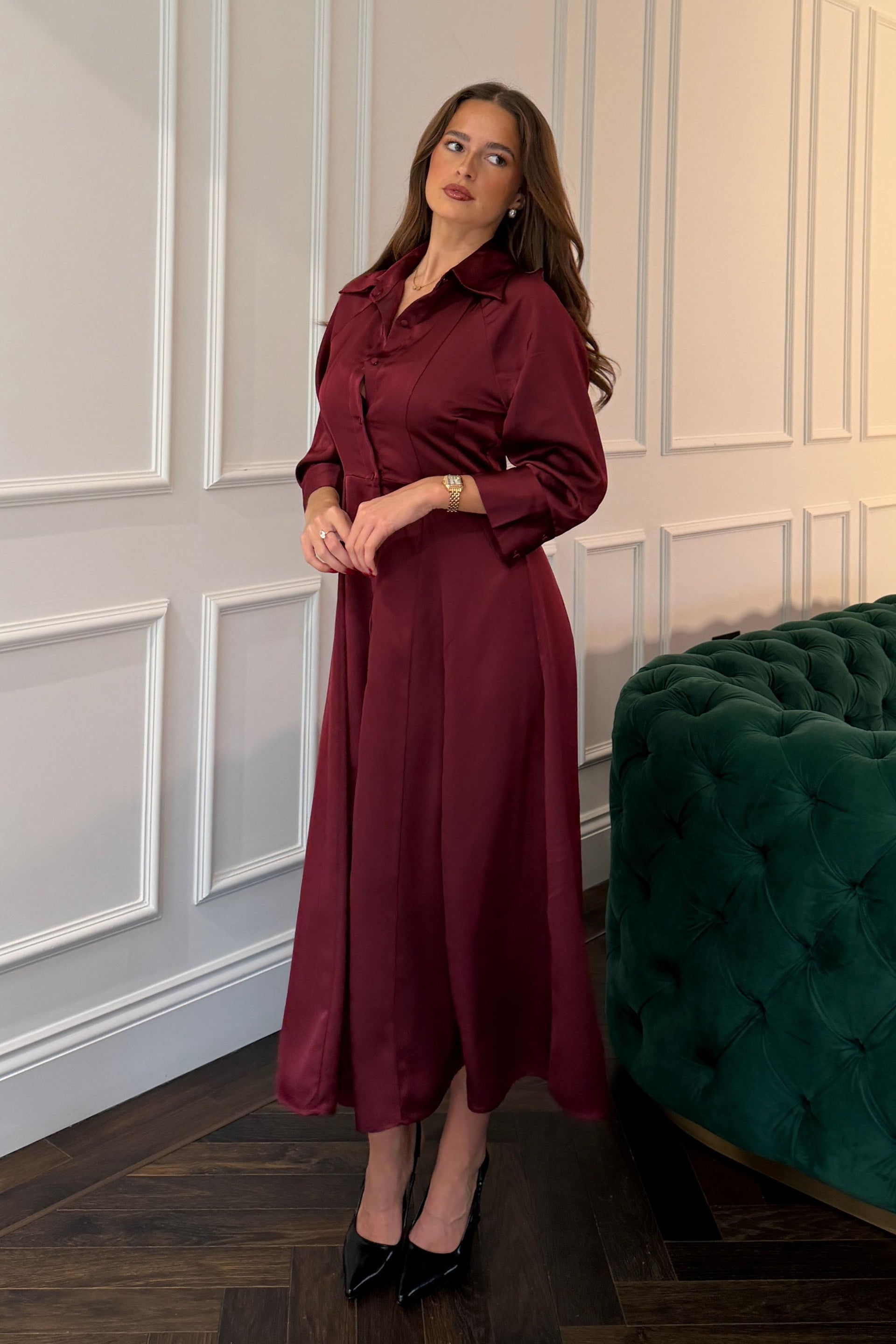 Valeria Satin Shirt Dress Berry