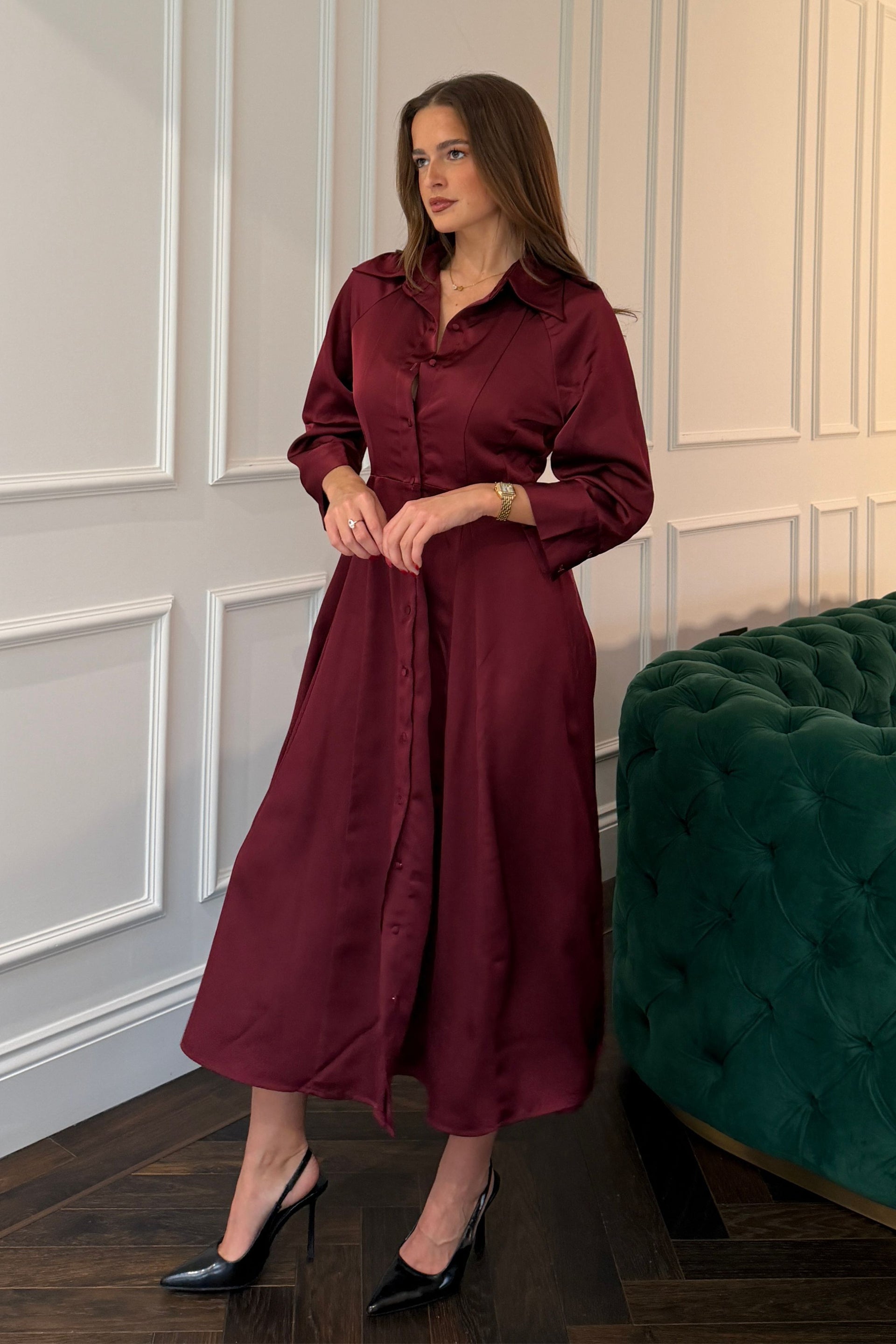 Valeria Satin Shirt Dress Berry – Girl In Mind