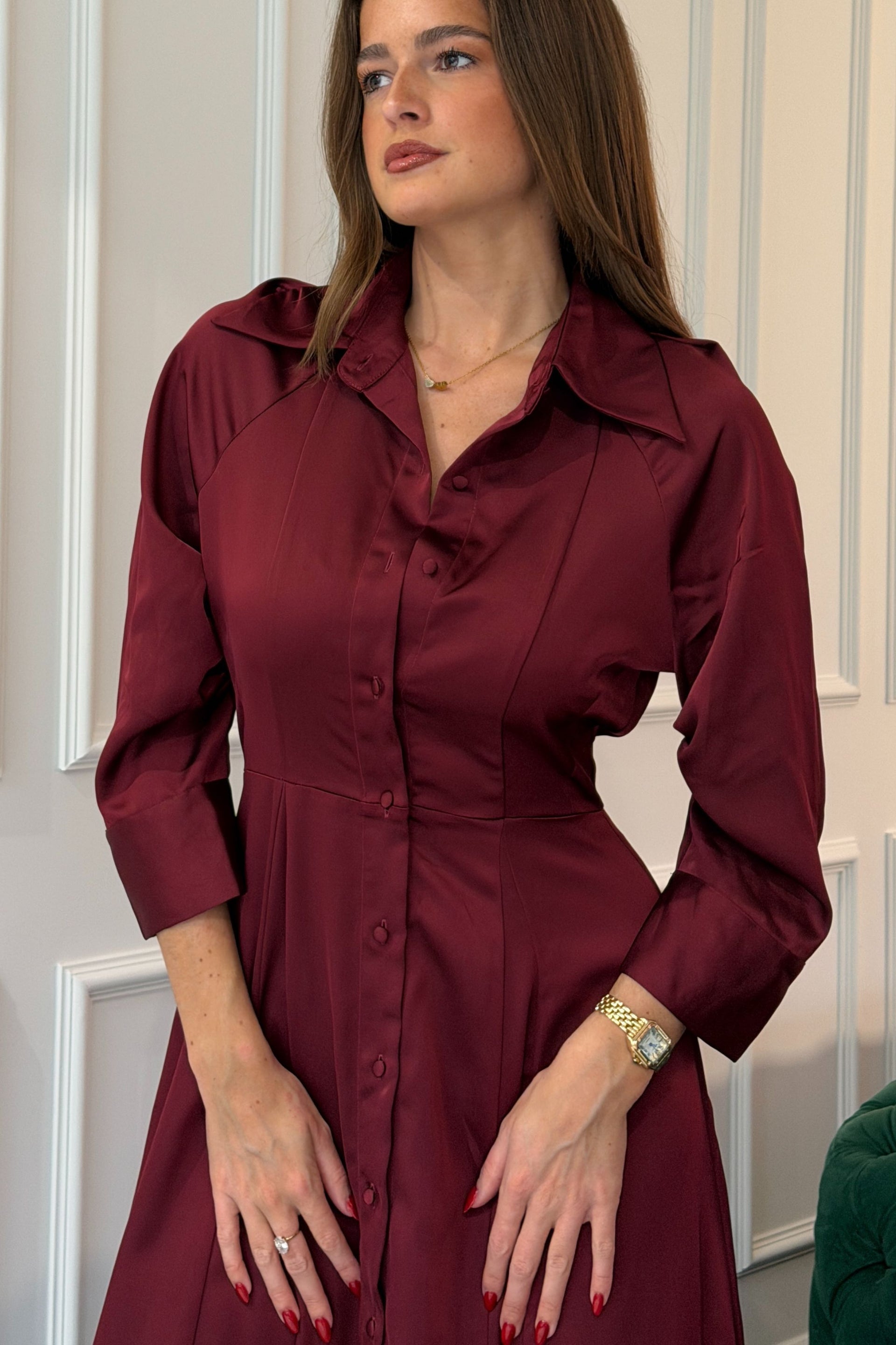 Valeria Satin Shirt Dress Berry