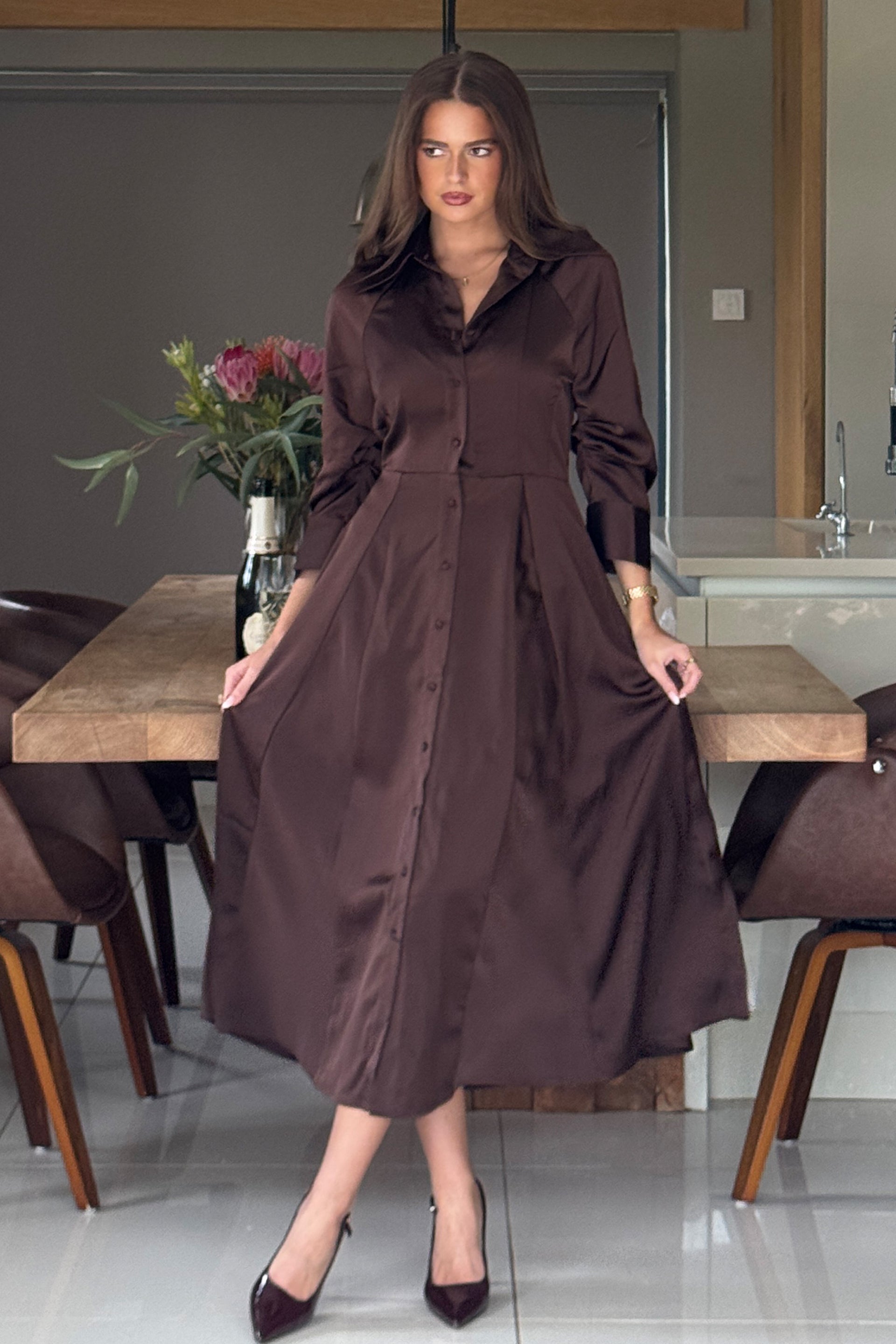 Valeria Satin Shirt Dress Chocolate Girl In Mind Valeria Satin Shirt Dress Chocolate Girl In Mind