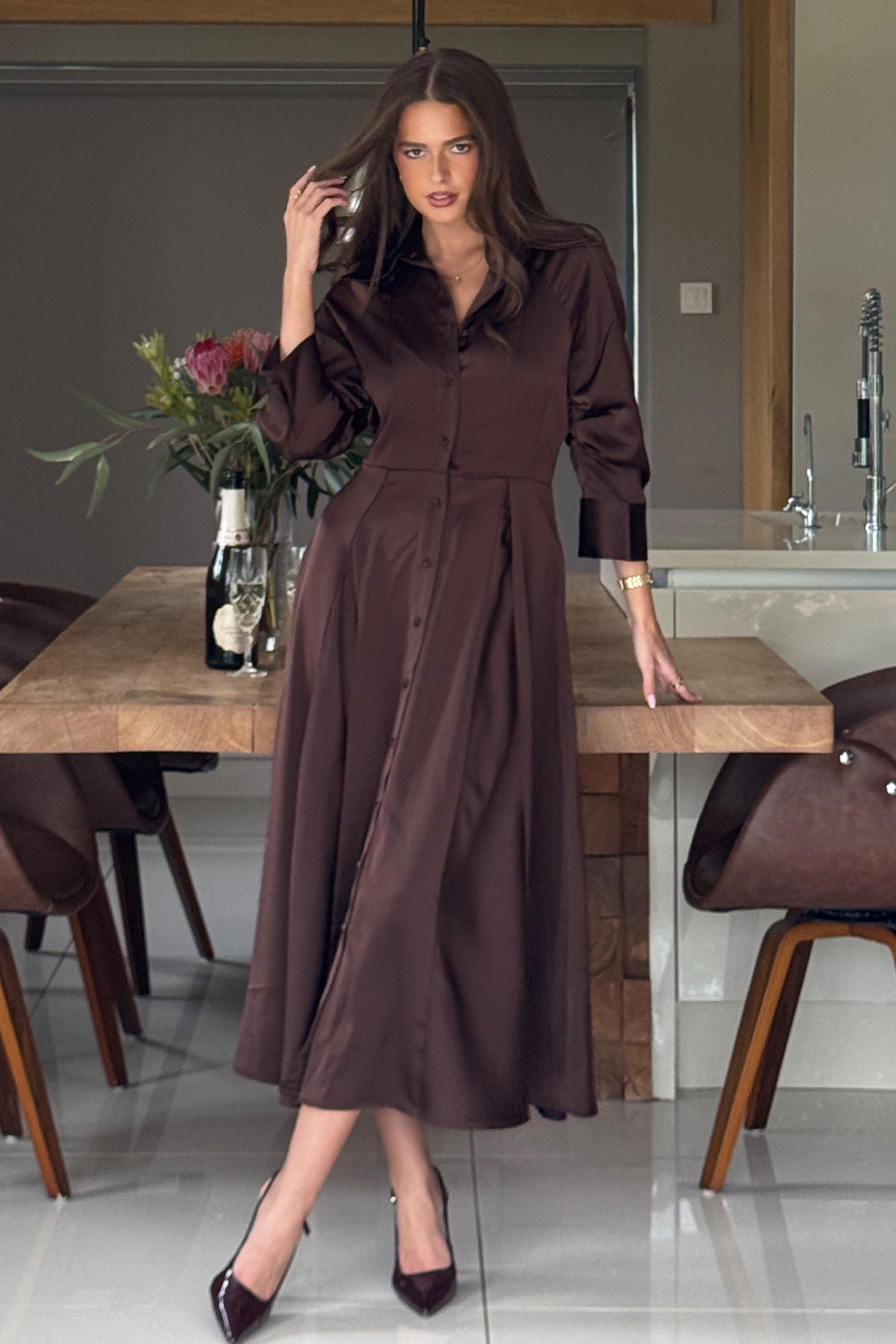 Valeria Satin Shirt Dress Chocolate