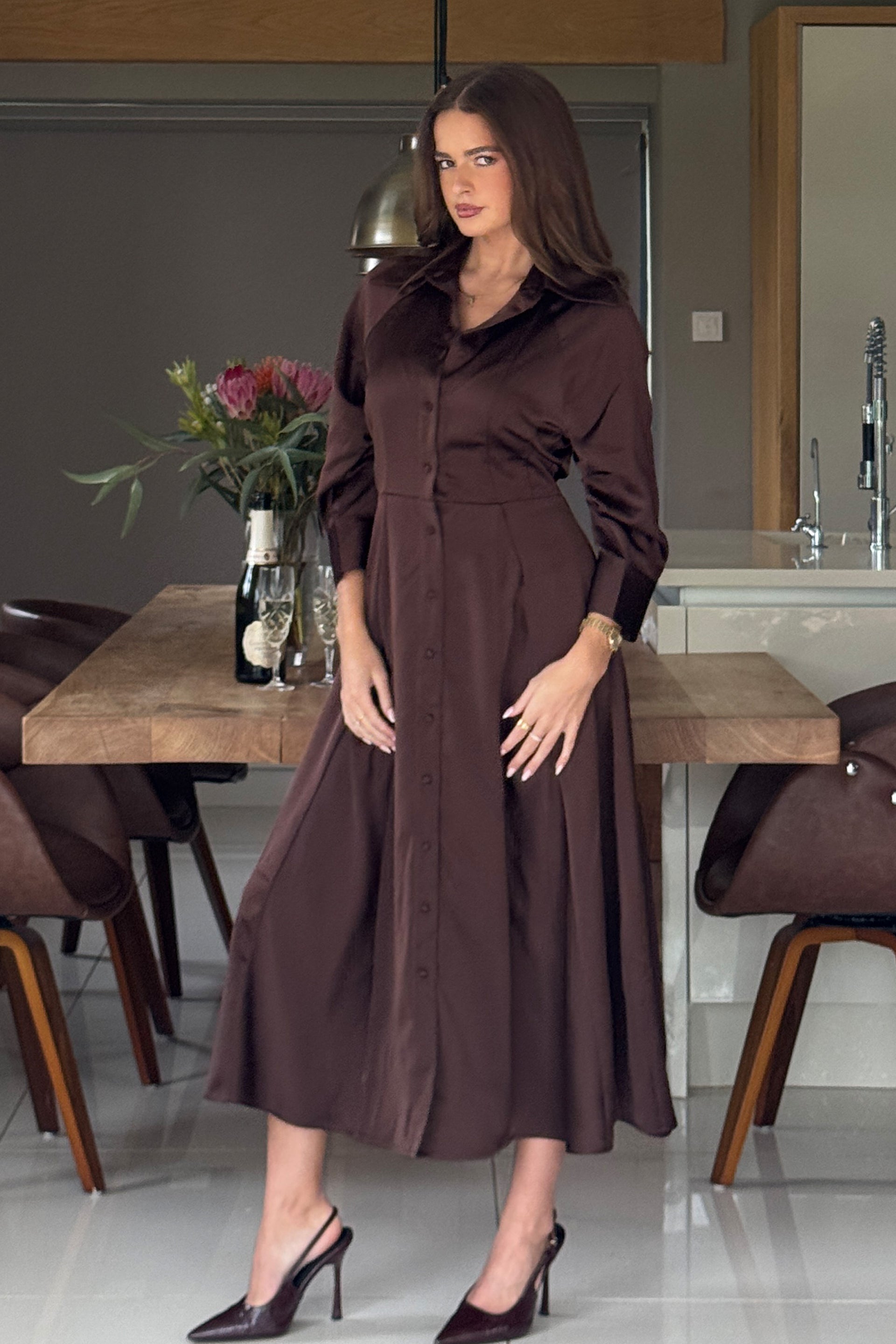 Valeria Satin Shirt Dress Chocolate