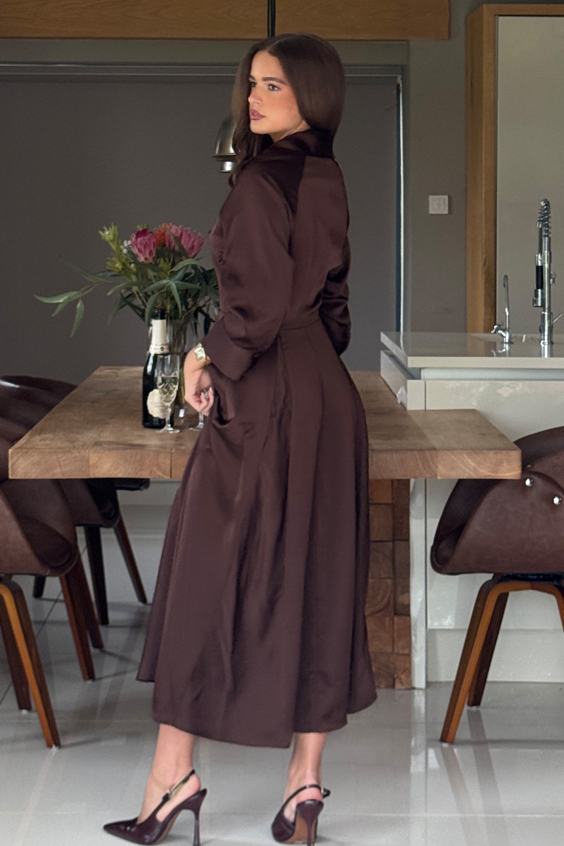 Valeria Satin Shirt Dress Chocolate  Girl In Mind