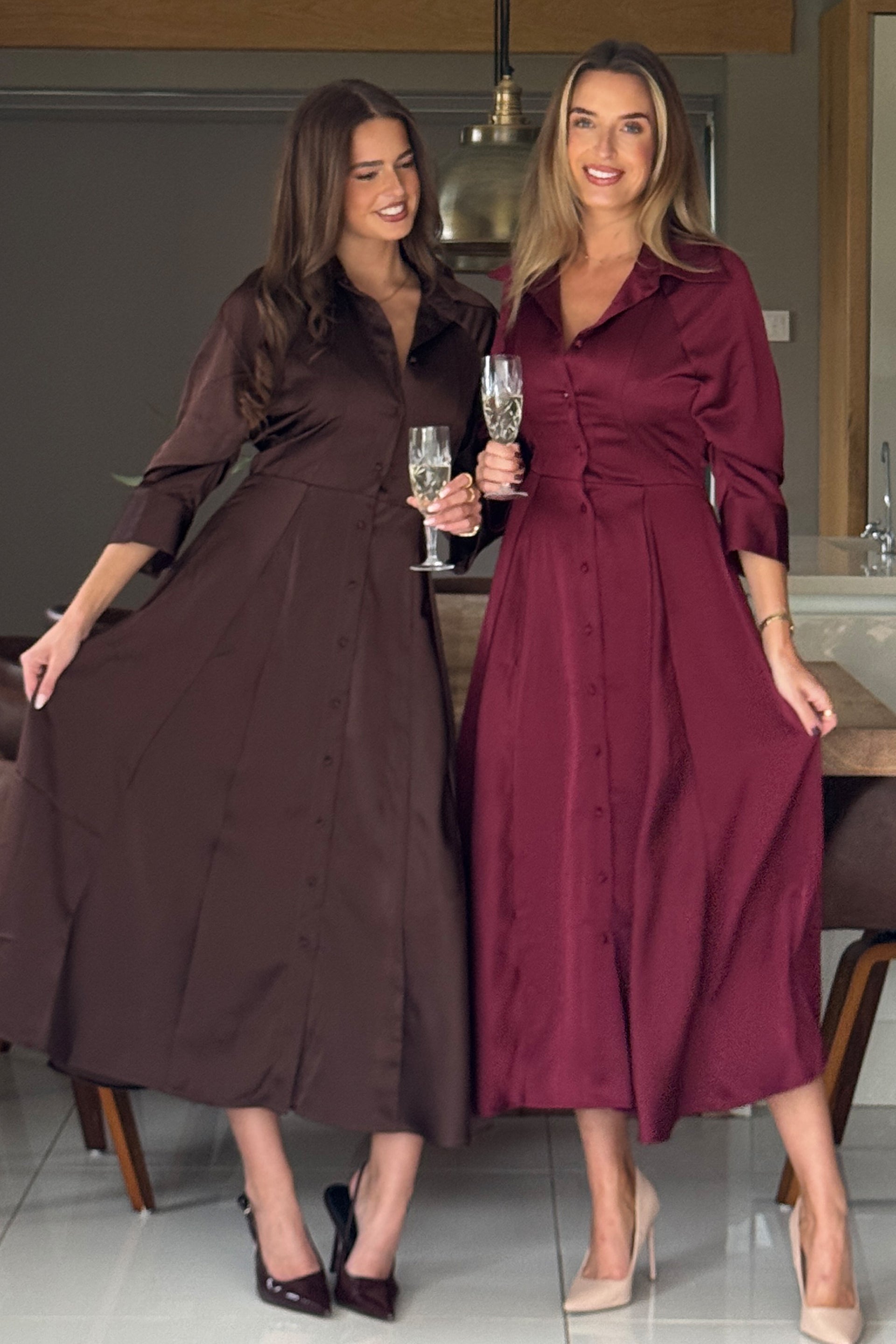 Valeria Satin Shirt Dress Chocolate