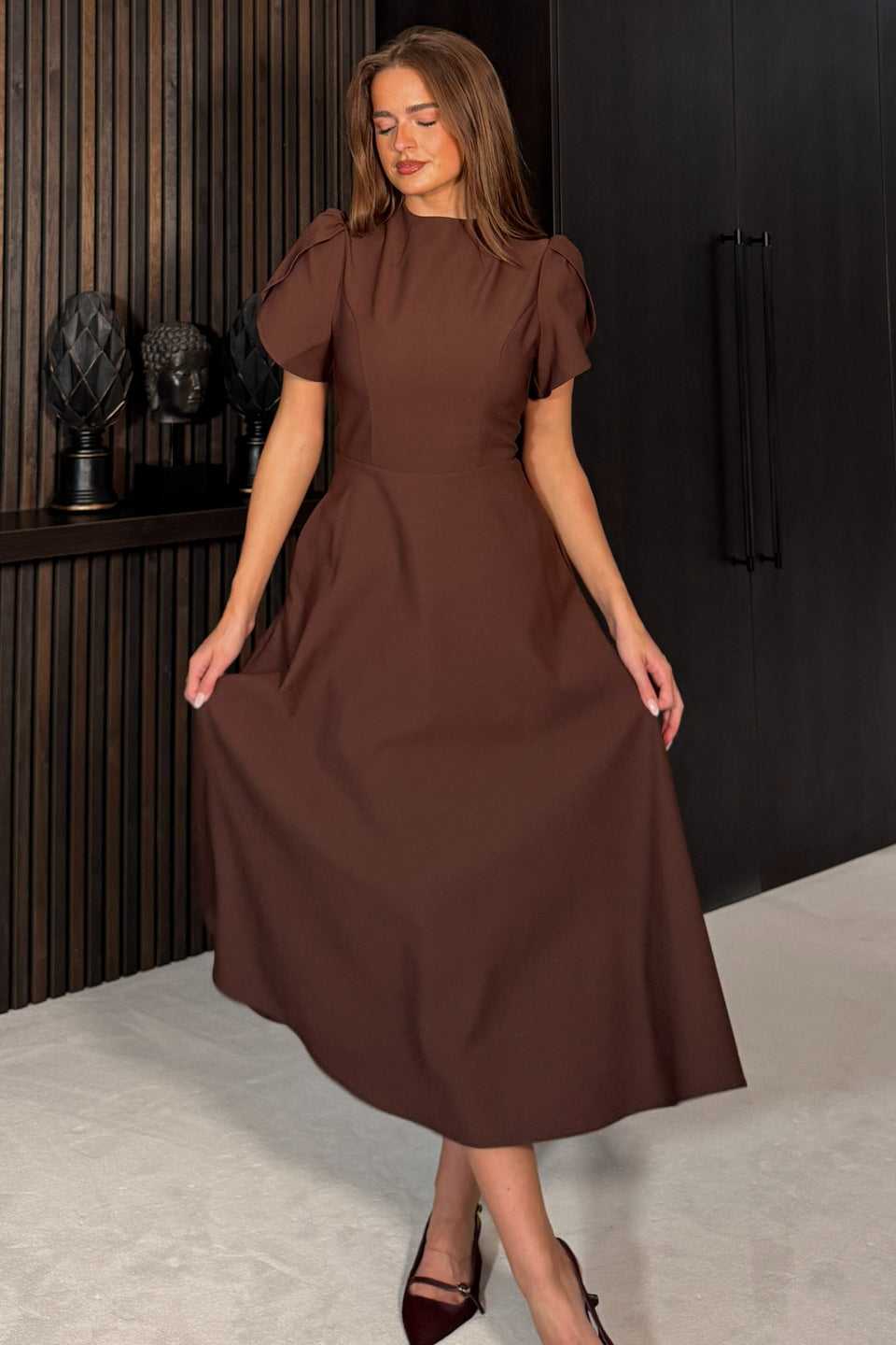 Katisha Tulip Sleeve High Neck Midi Dress Brown