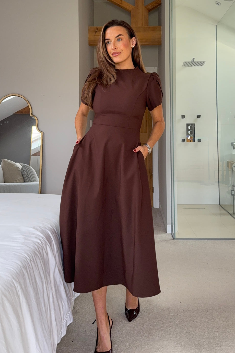 Katisha Tulip Sleeve High Neck Midi Dress Brown