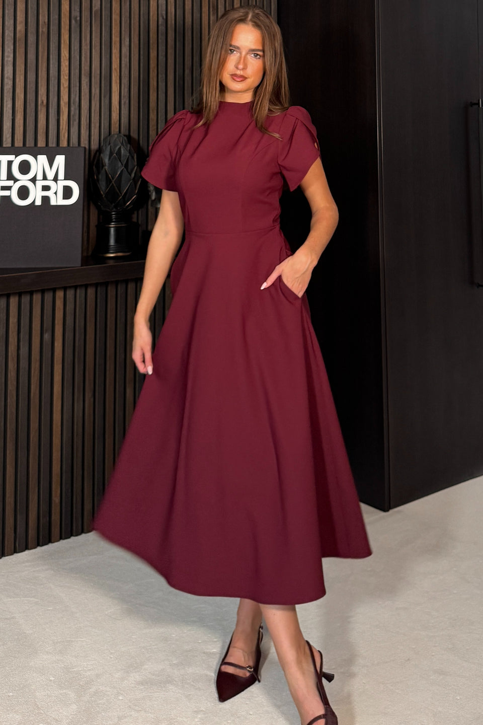 Katisha Tulip Sleeve High Neck Midi Dress Berry