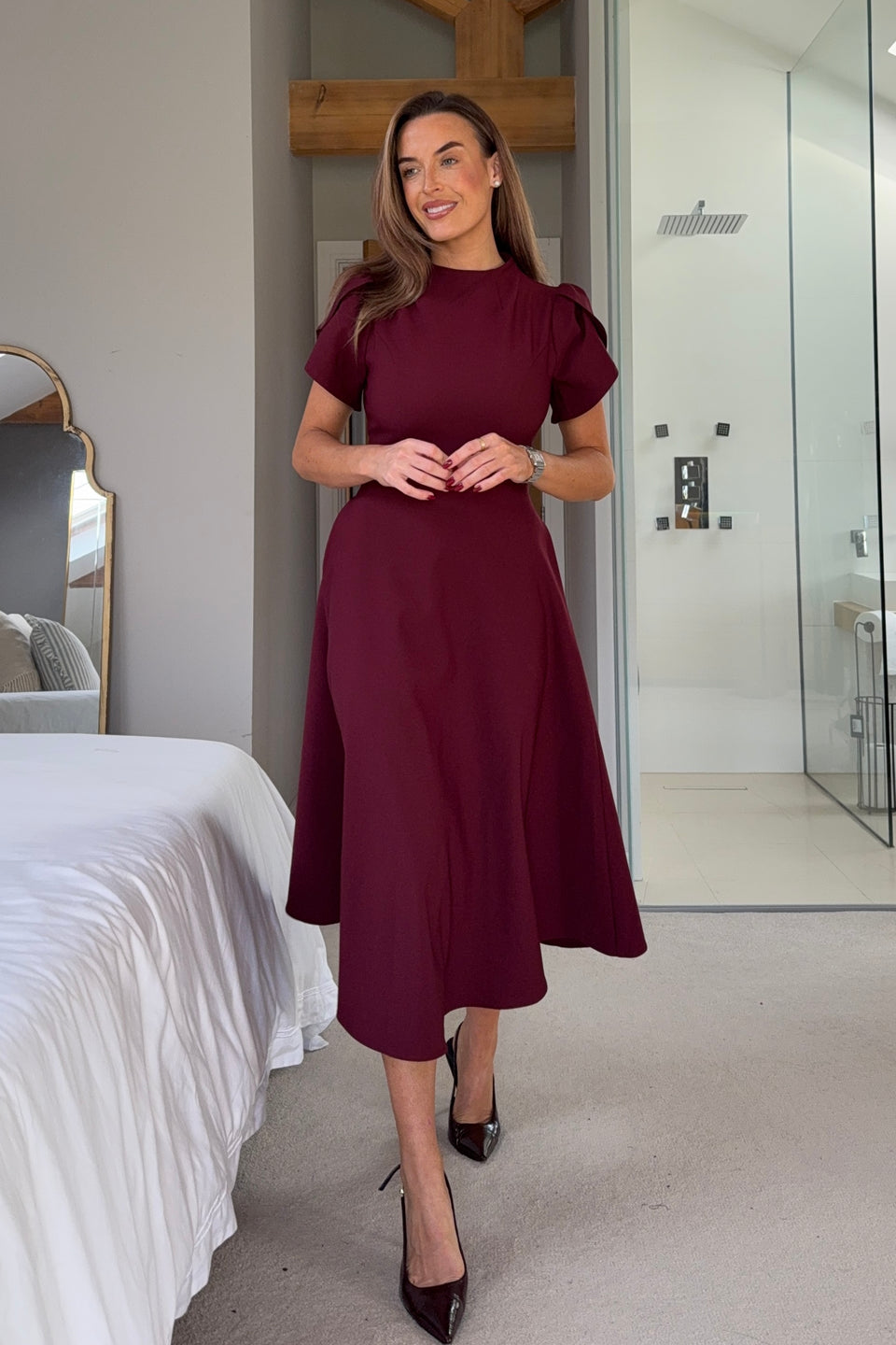 Katisha Tulip Sleeve High Neck Midi Dress Berry