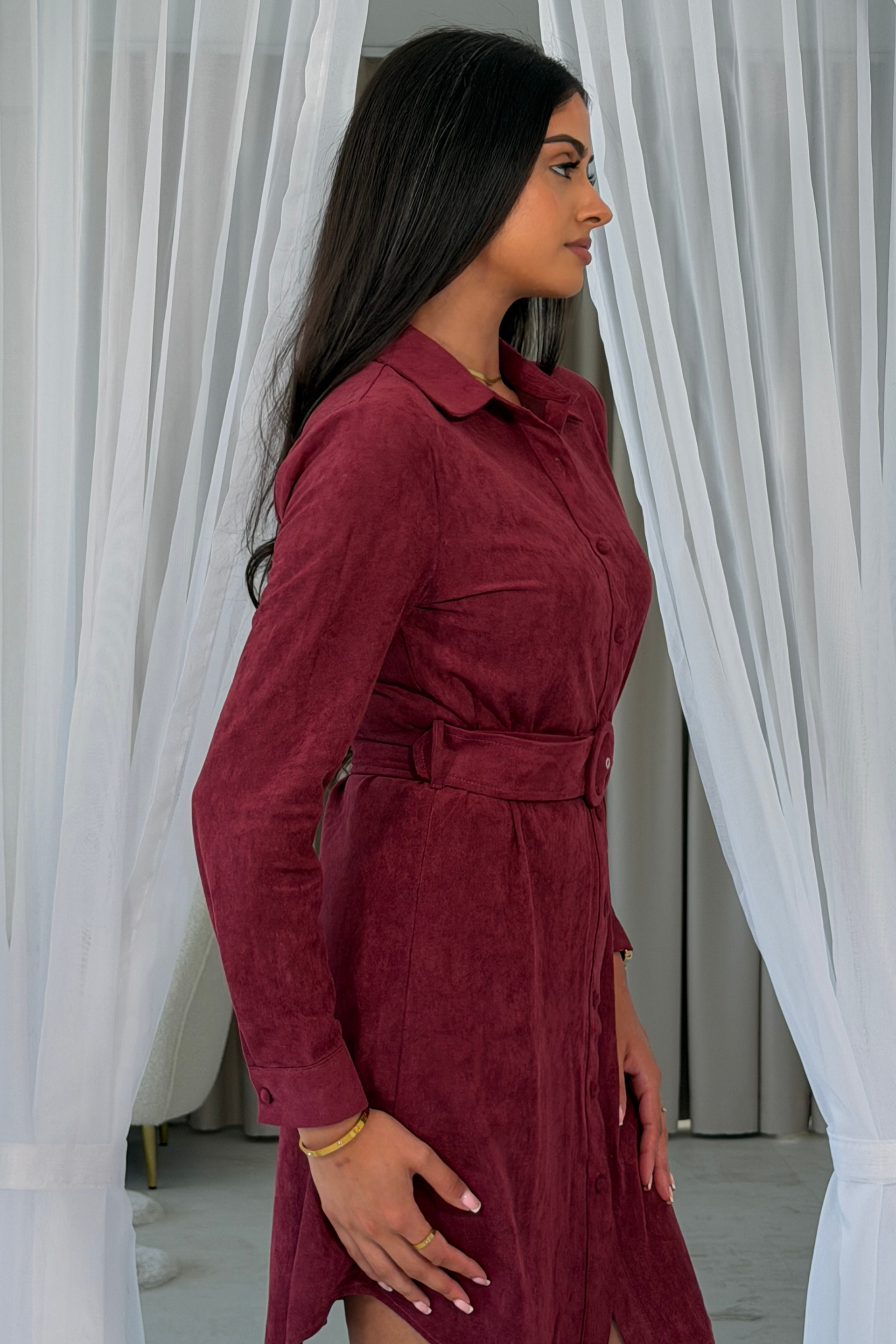 Savora Suede Mini Shirt Dress Berry