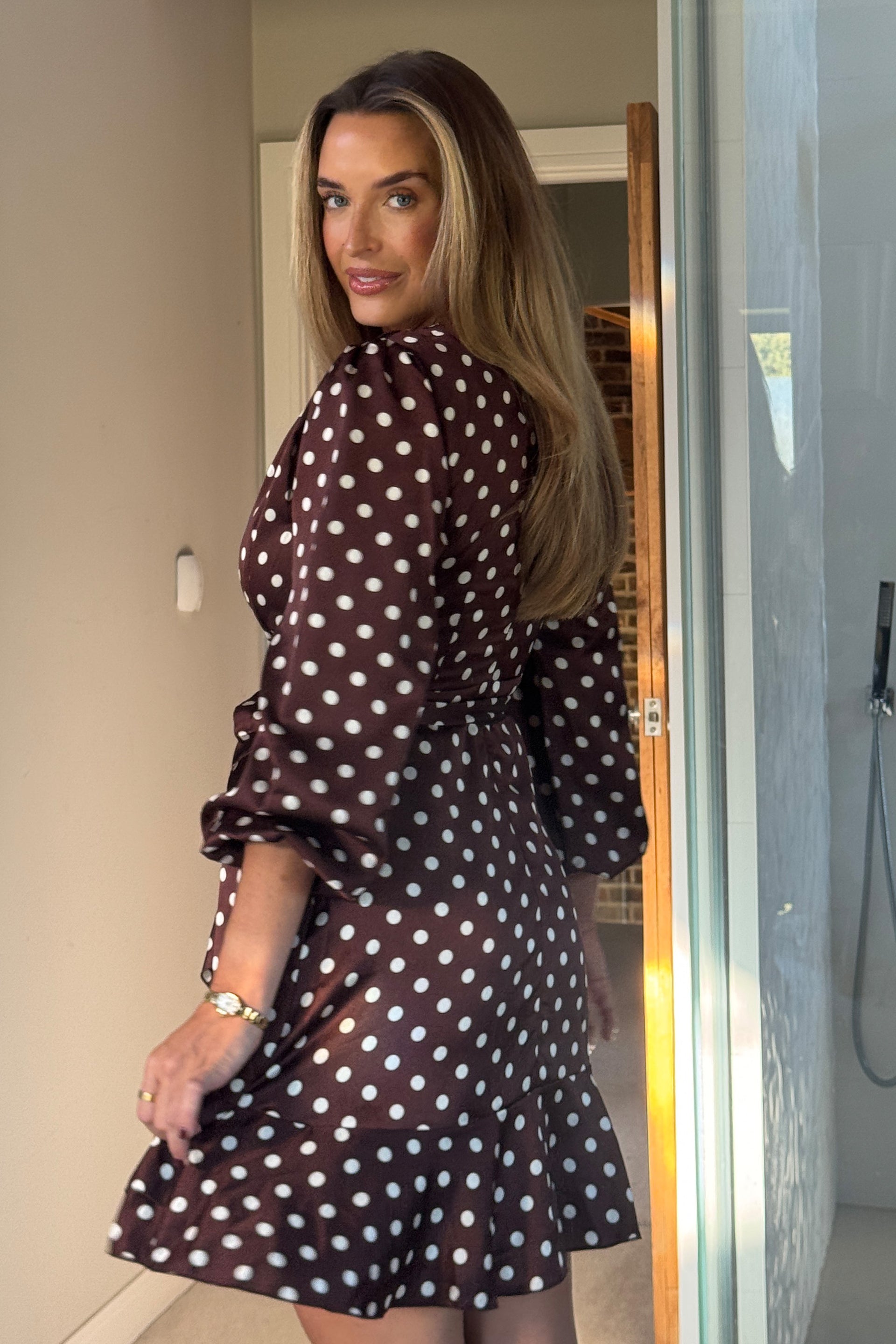 Bryce Wrap Front Long Sleeve Mini Dress Brown Spot