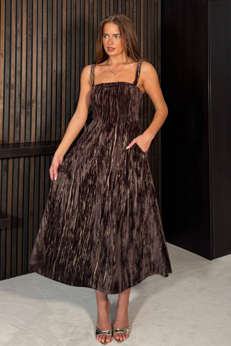 Danika Bandeao Brown Foiled Velvet Midi Dress