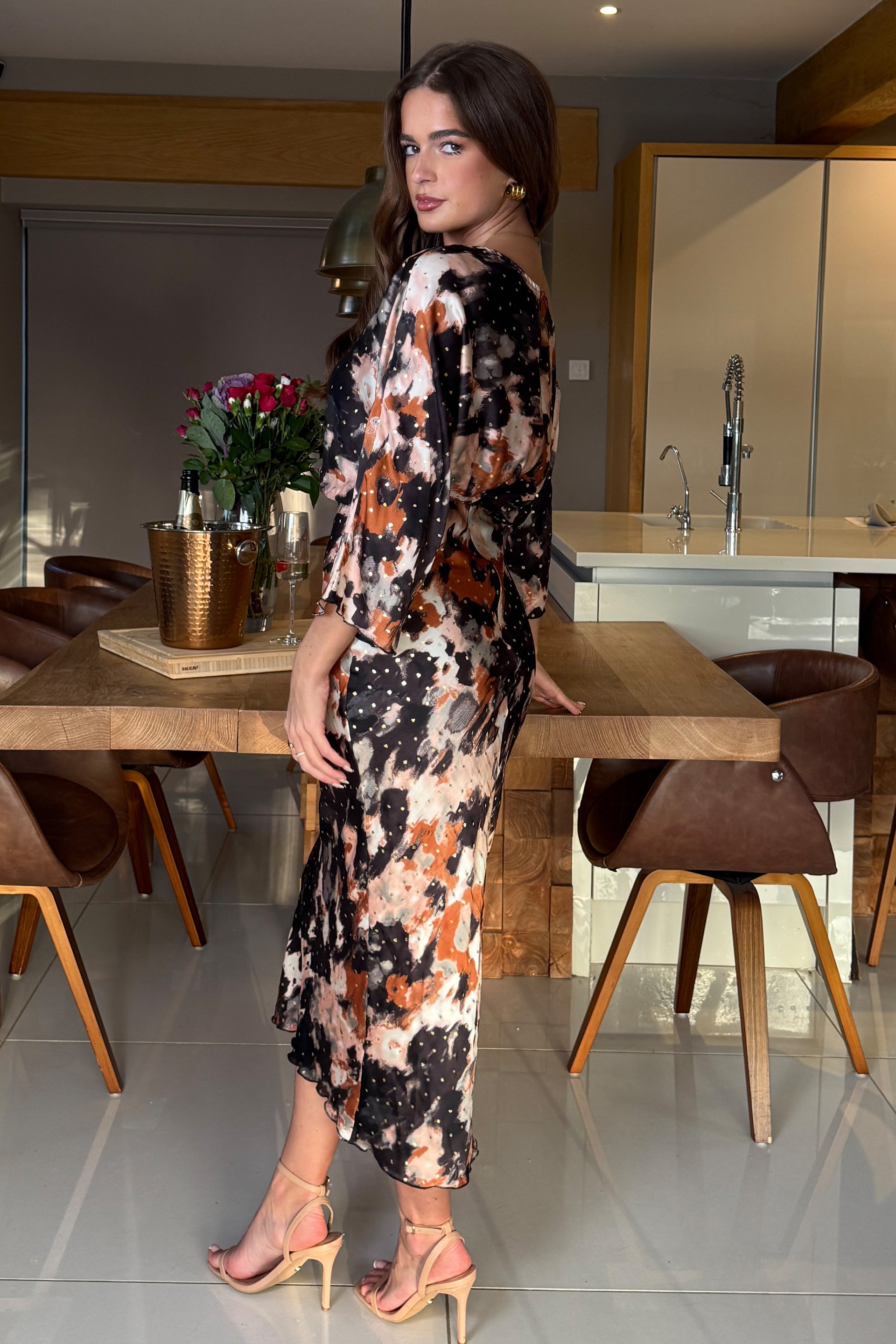 Leila Off the Shoulder Foiled Print Maxi Brown