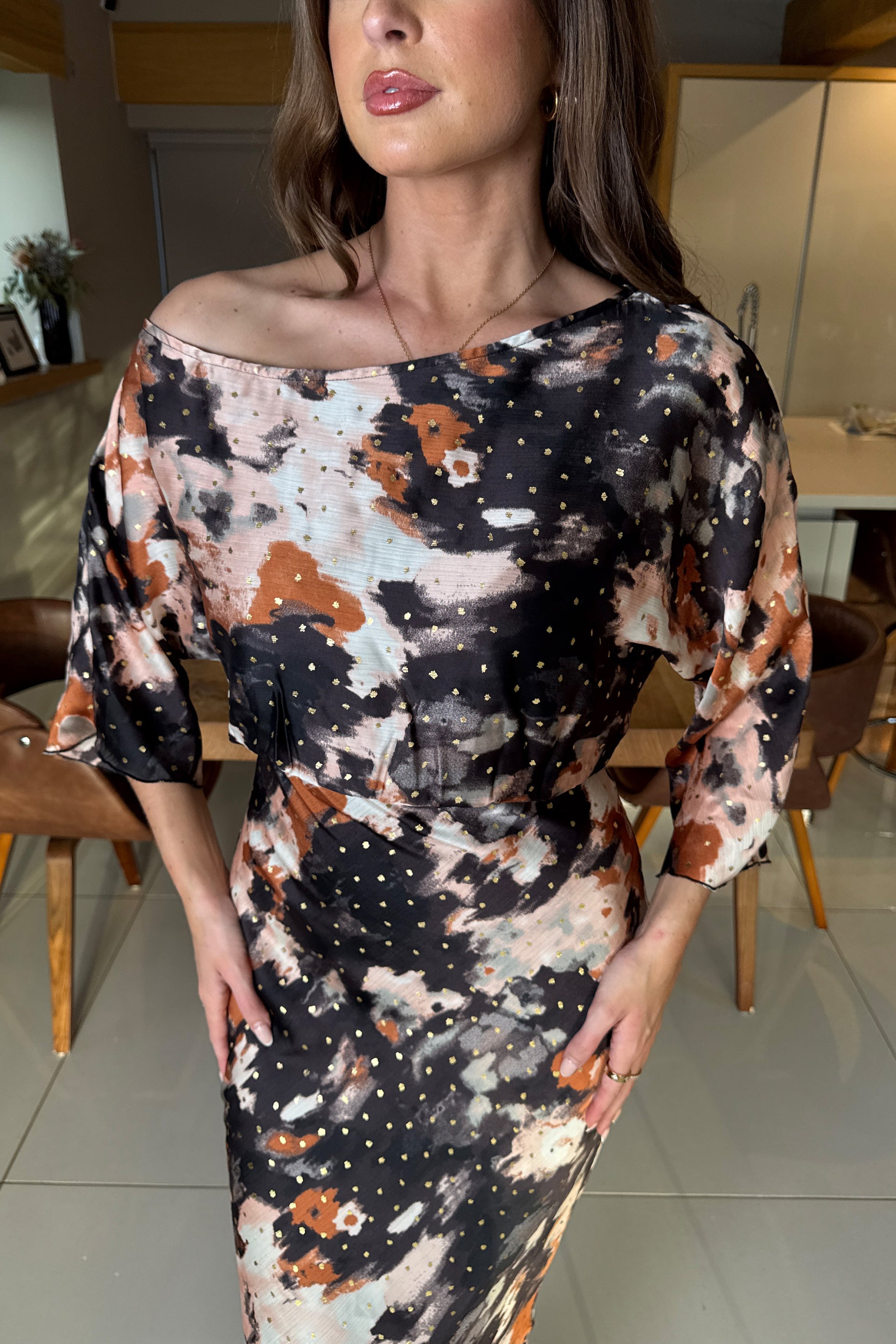 Leila Off the Shoulder Foiled Print Maxi Brown