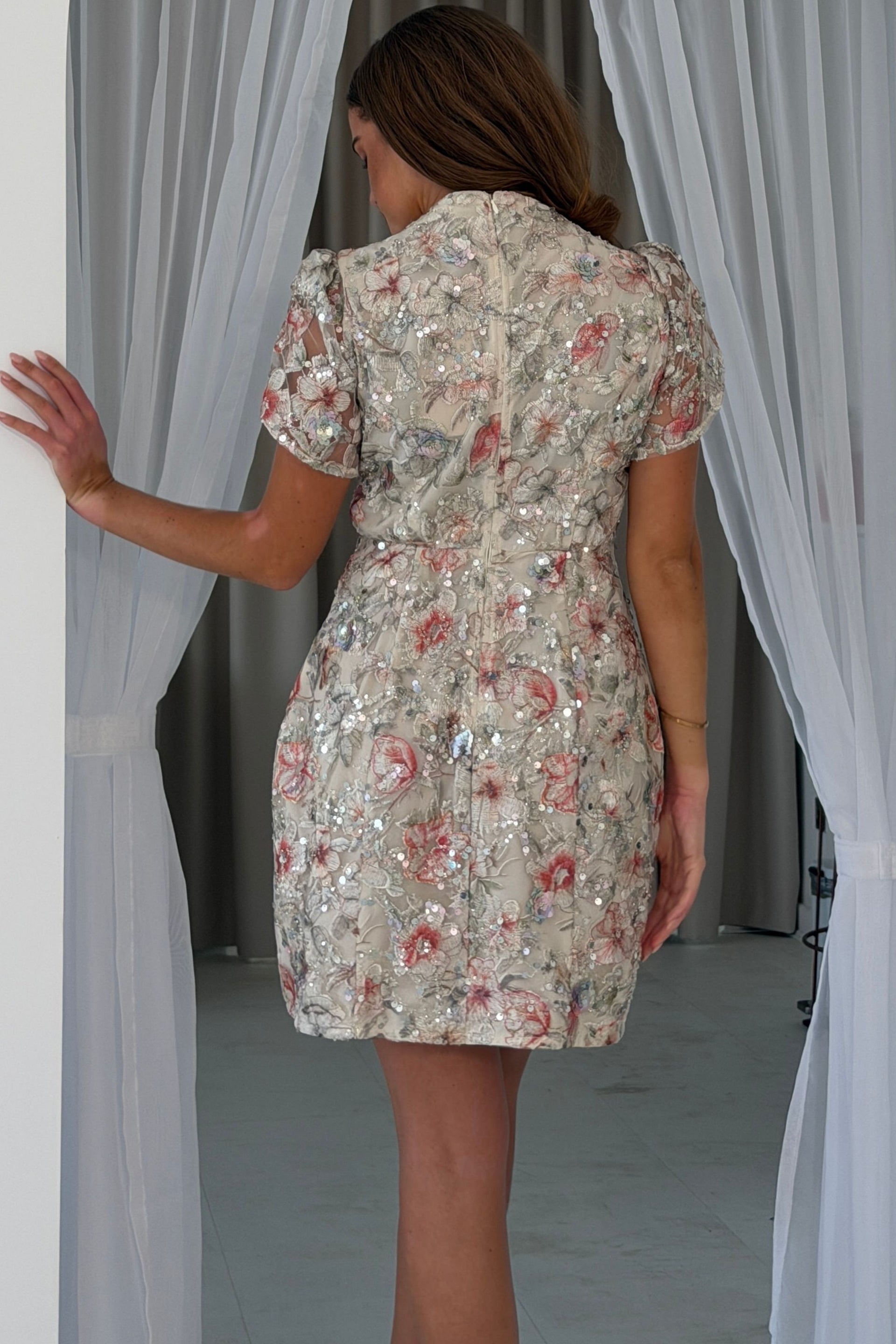 Ami Sequin Tulip Sleeve Mini Dress Ivory