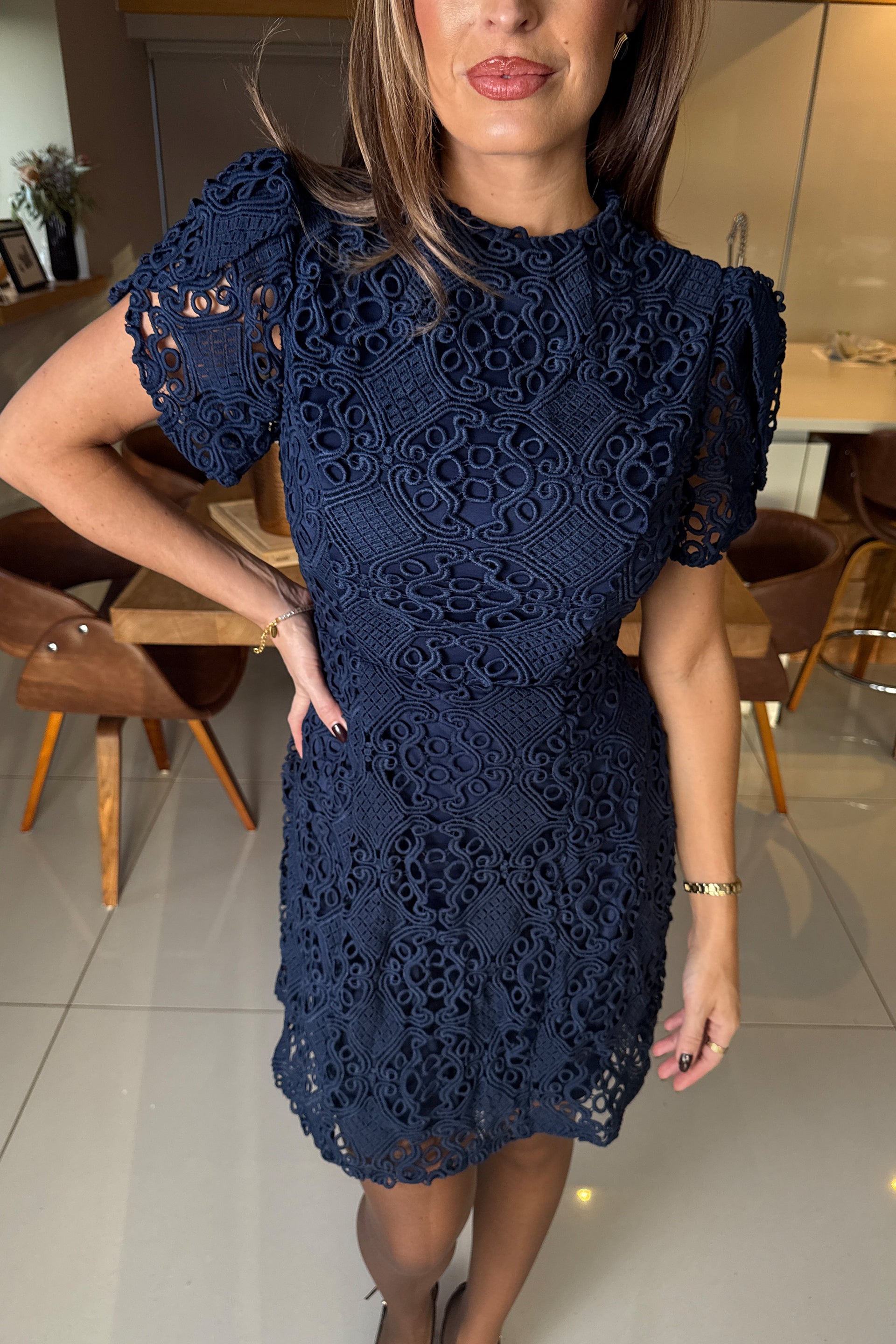 Ami Corded Lace Tulip Sleeve Mini Dress Navy – Girl In Mind