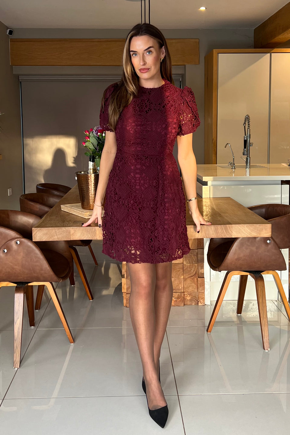 Ami Corded Lace Tulip Sleeve Mini Dress Plum