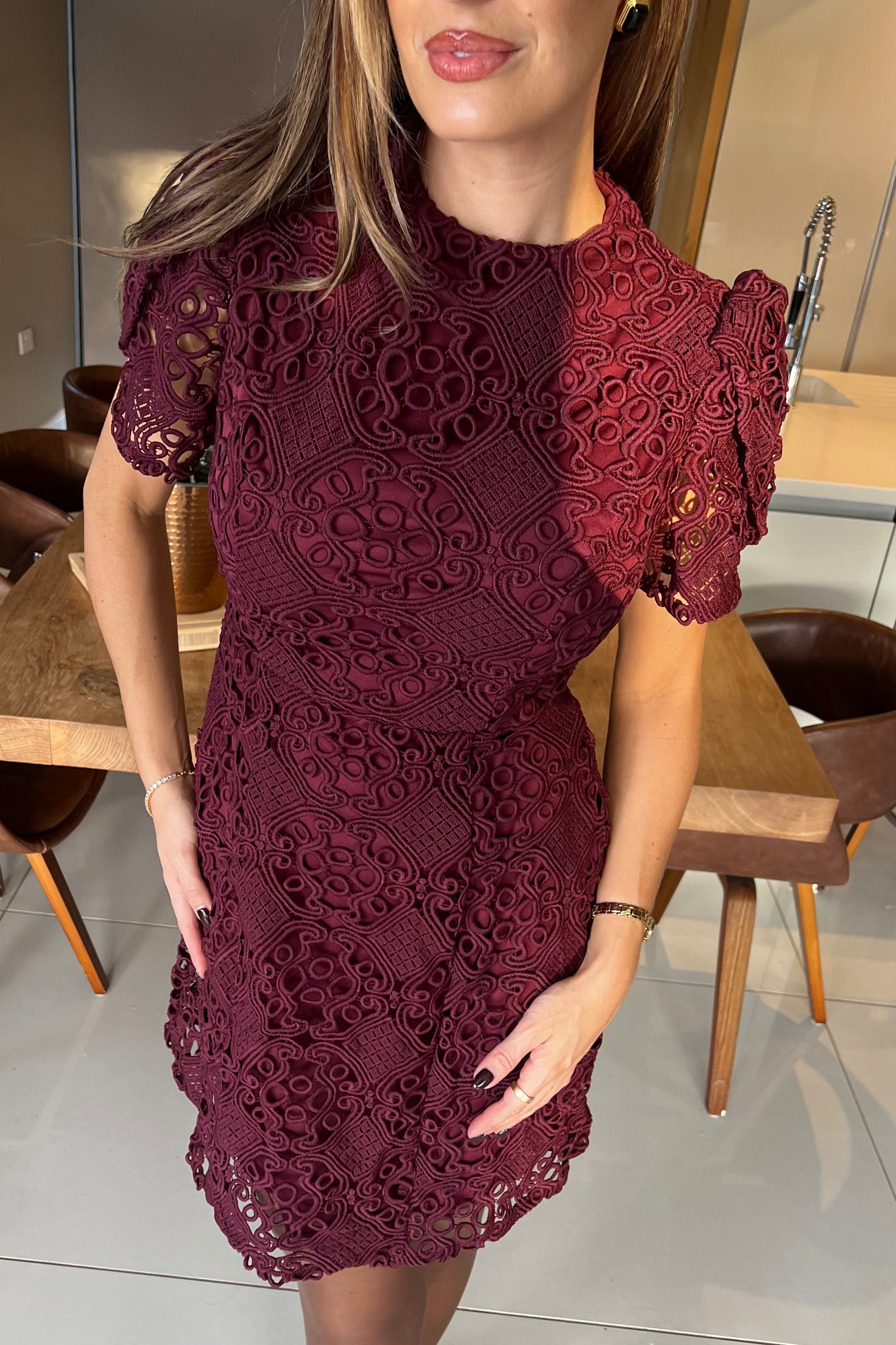 Ami Corded Lace Tulip Sleeve Mini Dress Plum