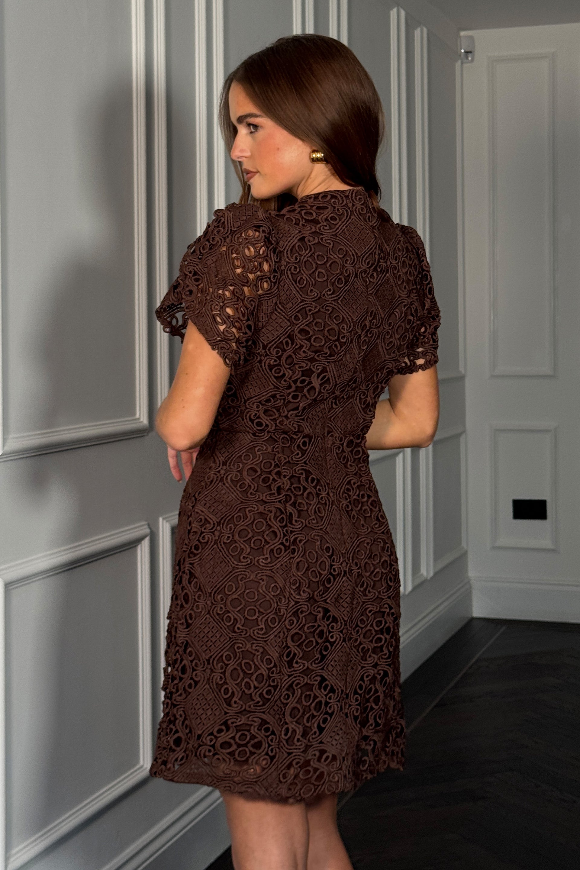 Ami Corded Lace Tulip Sleeve Mini Dress Brown
