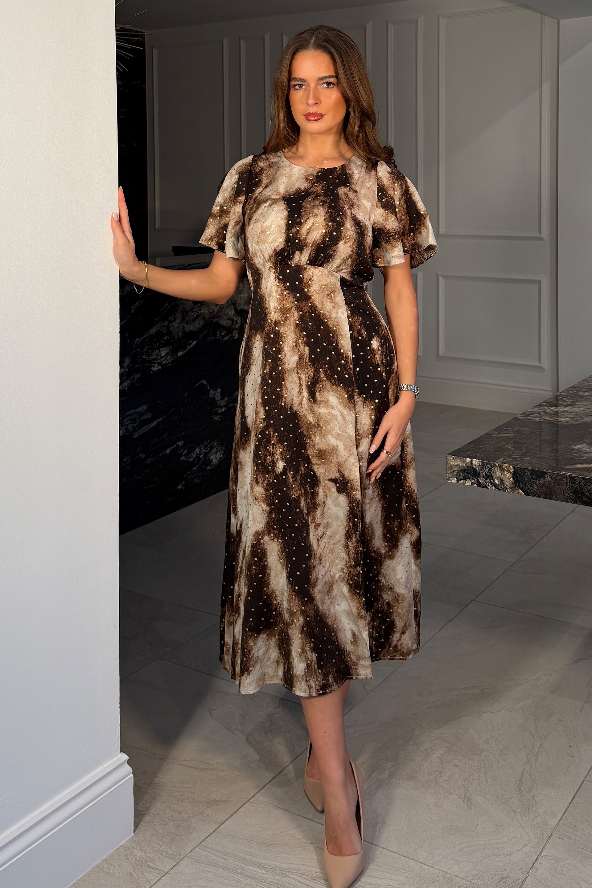 Britney Foiled Brown Angel Sleeve Midi Dress