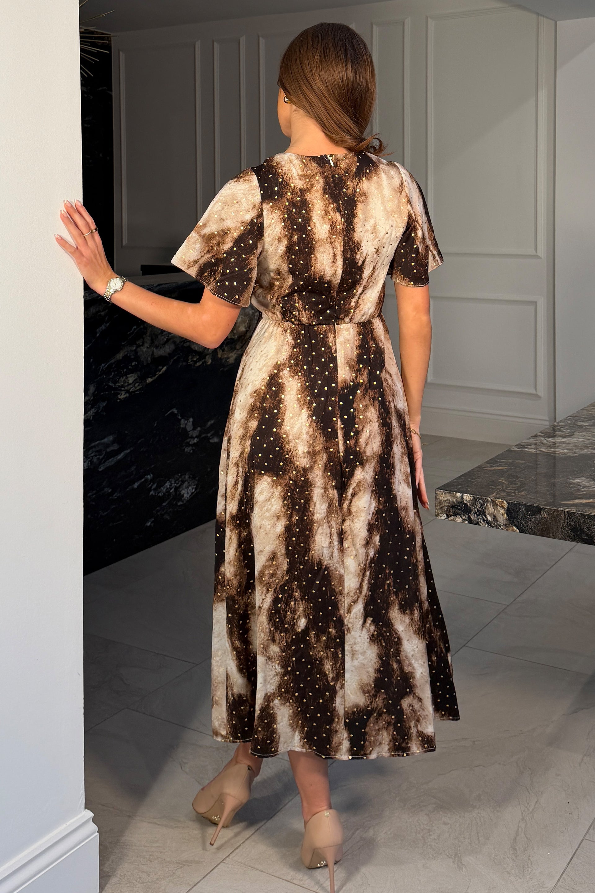 Britney Foiled Brown Angel Sleeve Midi Dress Girl In Mind Britney Foiled Brown Angel Sleeve Midi Dress Girl In Mind