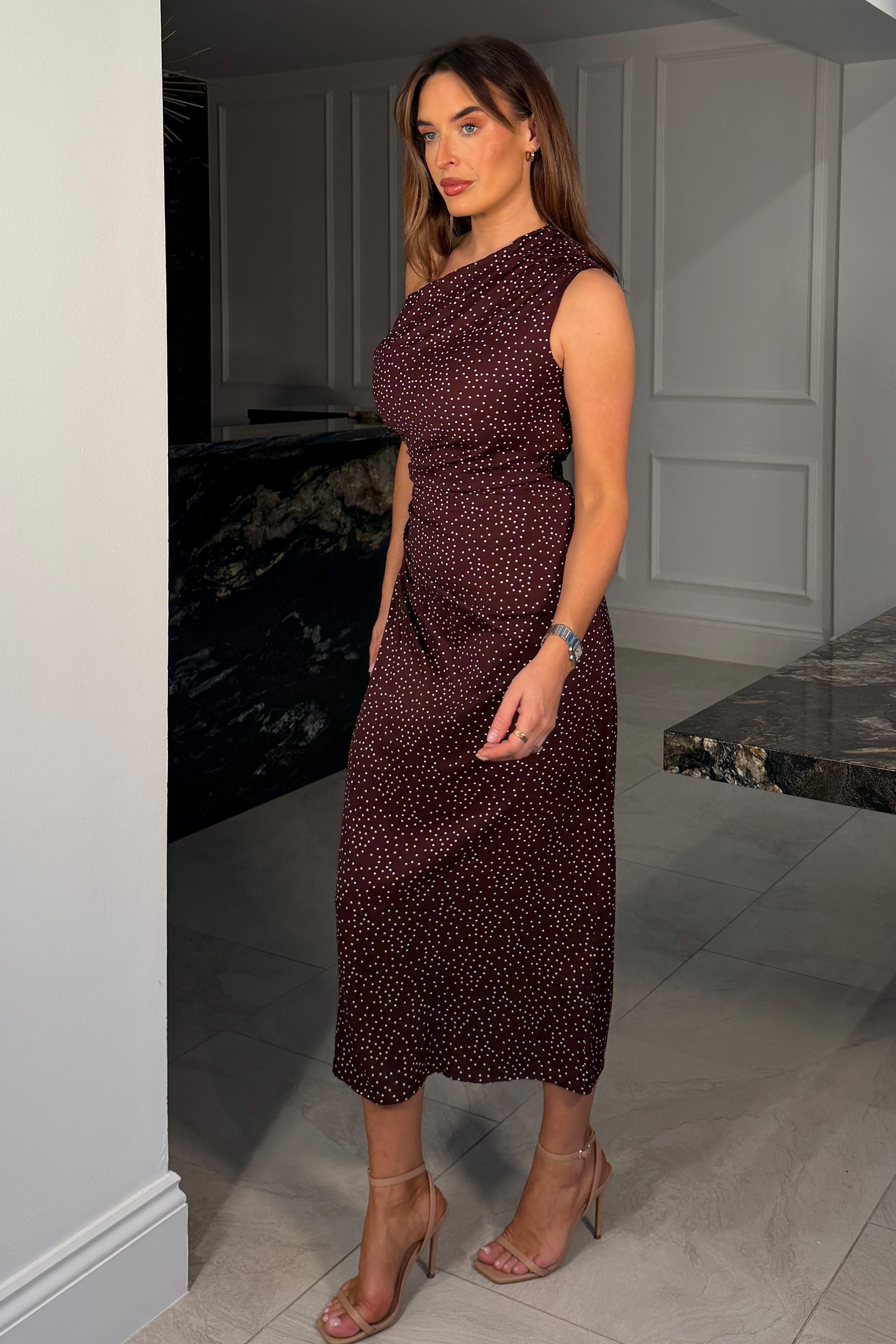 Donna Asymmetric Neckline Midi Dress Brown Spot