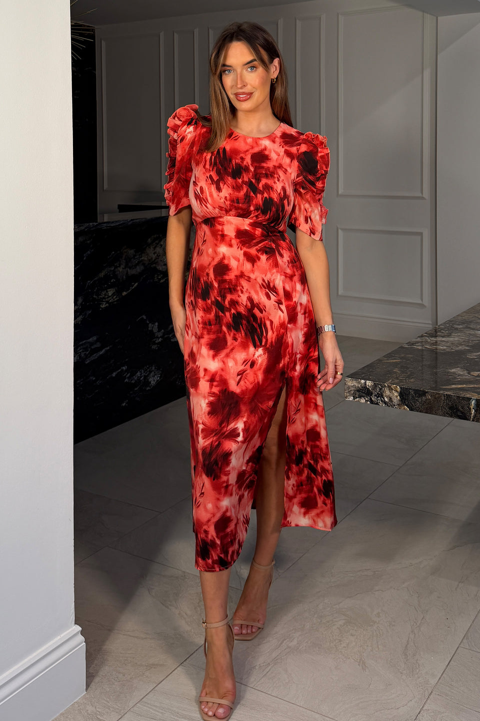 Samira Red Abstract Frill Sleeve Midi Dress