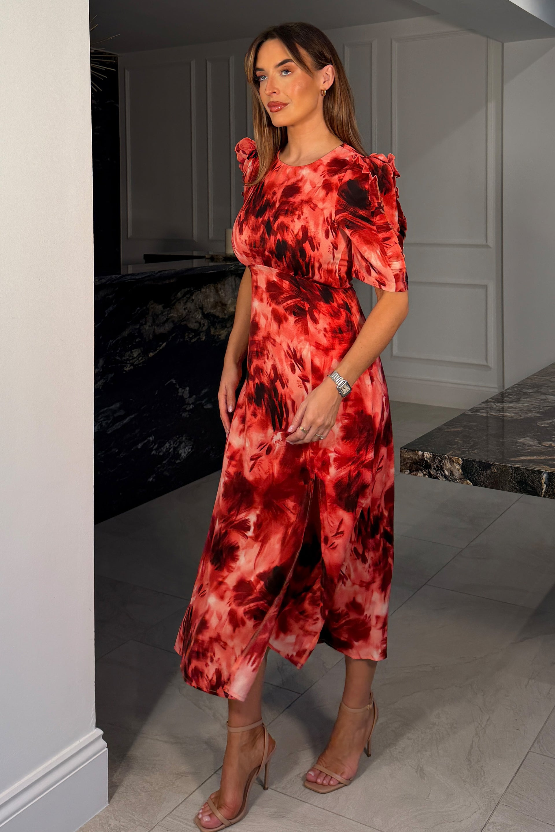 Samira Red Abstract Frill Sleeve Midi Dress