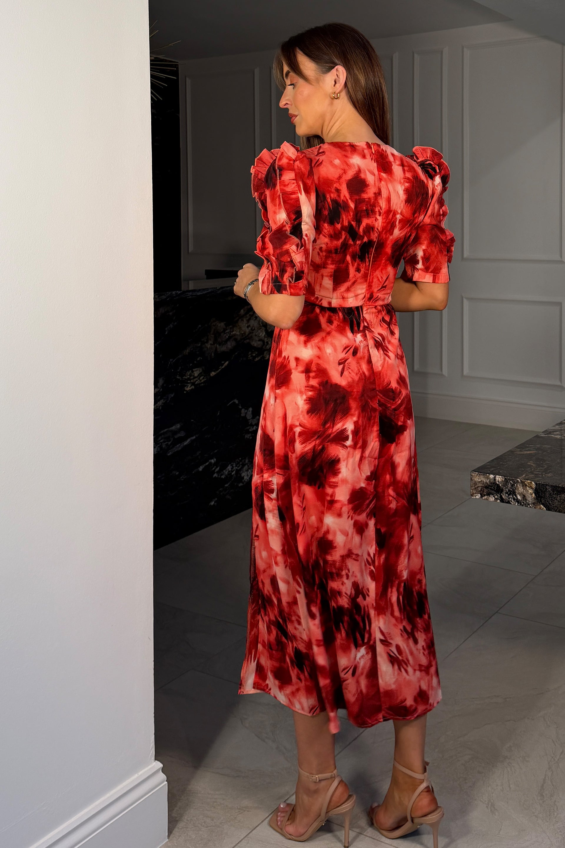 Samira Red Abstract Frill Sleeve Midi Dress