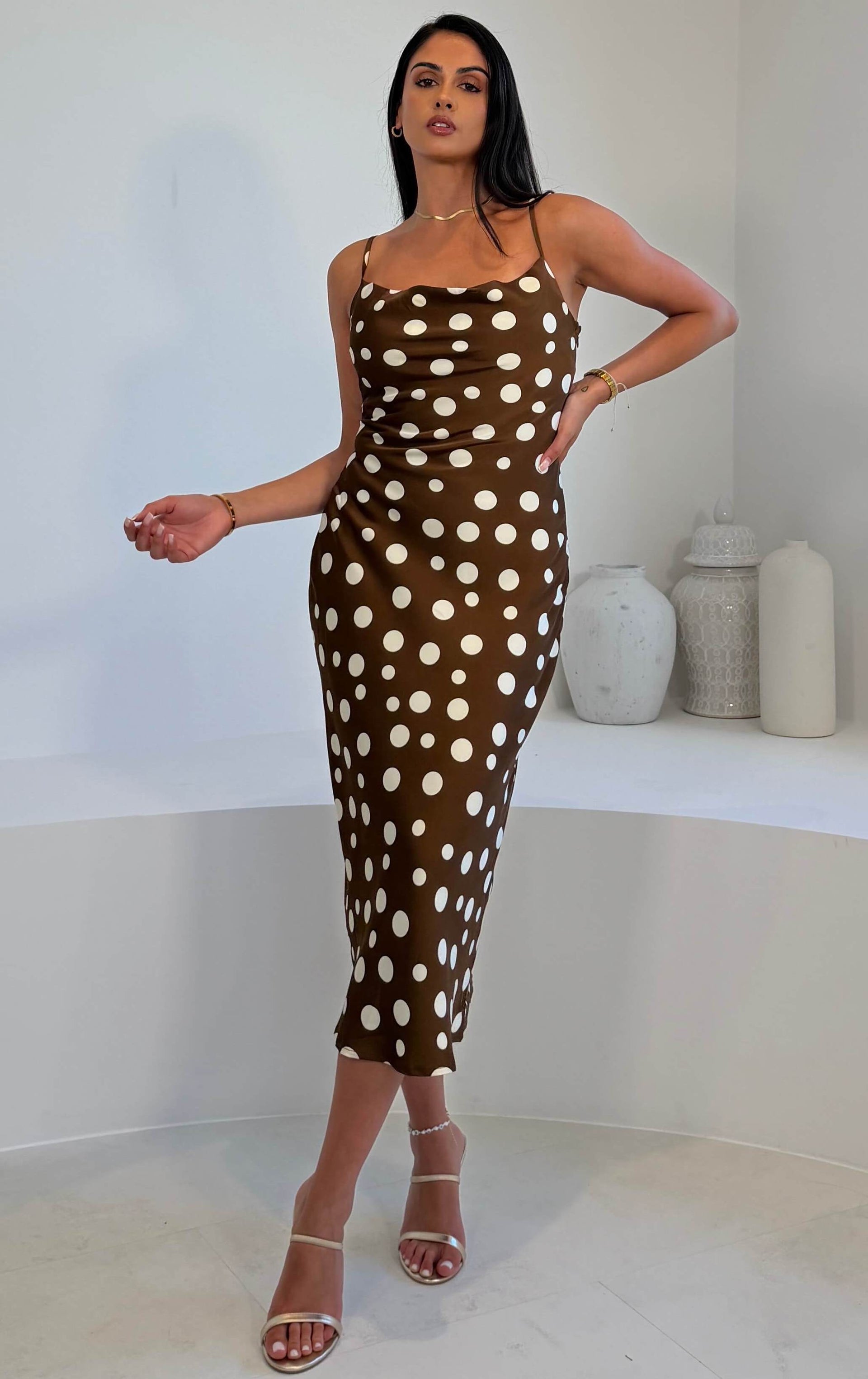Naomi Brown Polka Slip Midi Dress