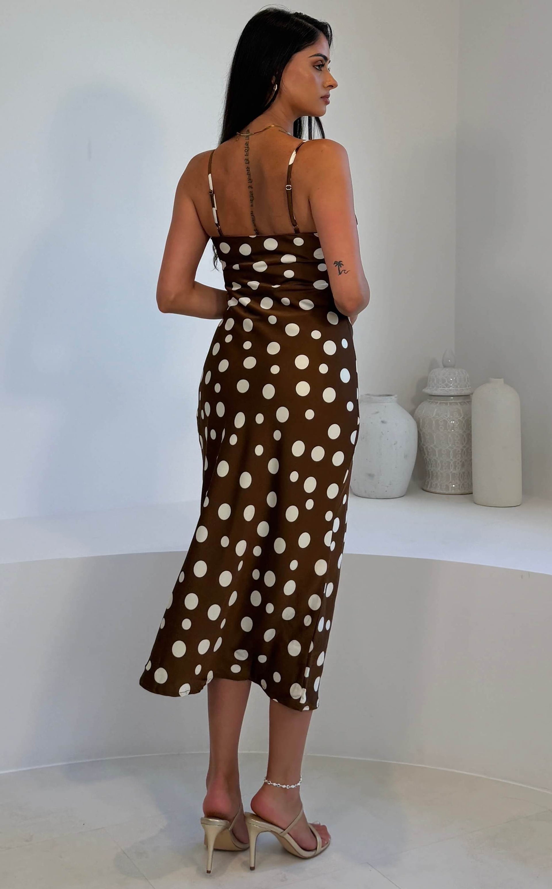 Naomi Brown Polka Slip Midi Dress