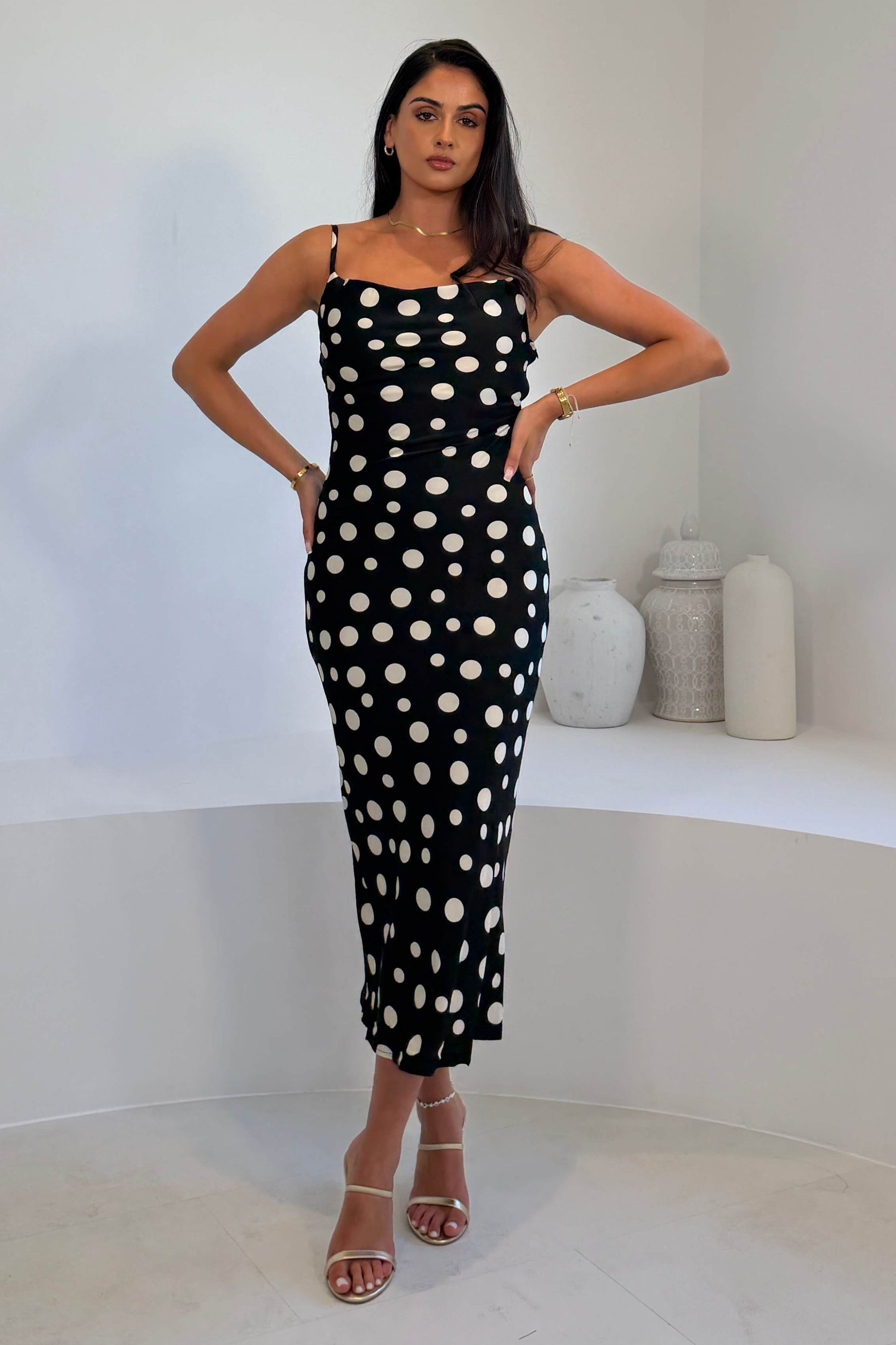 Naomi Black Polka Slip Midi Dress