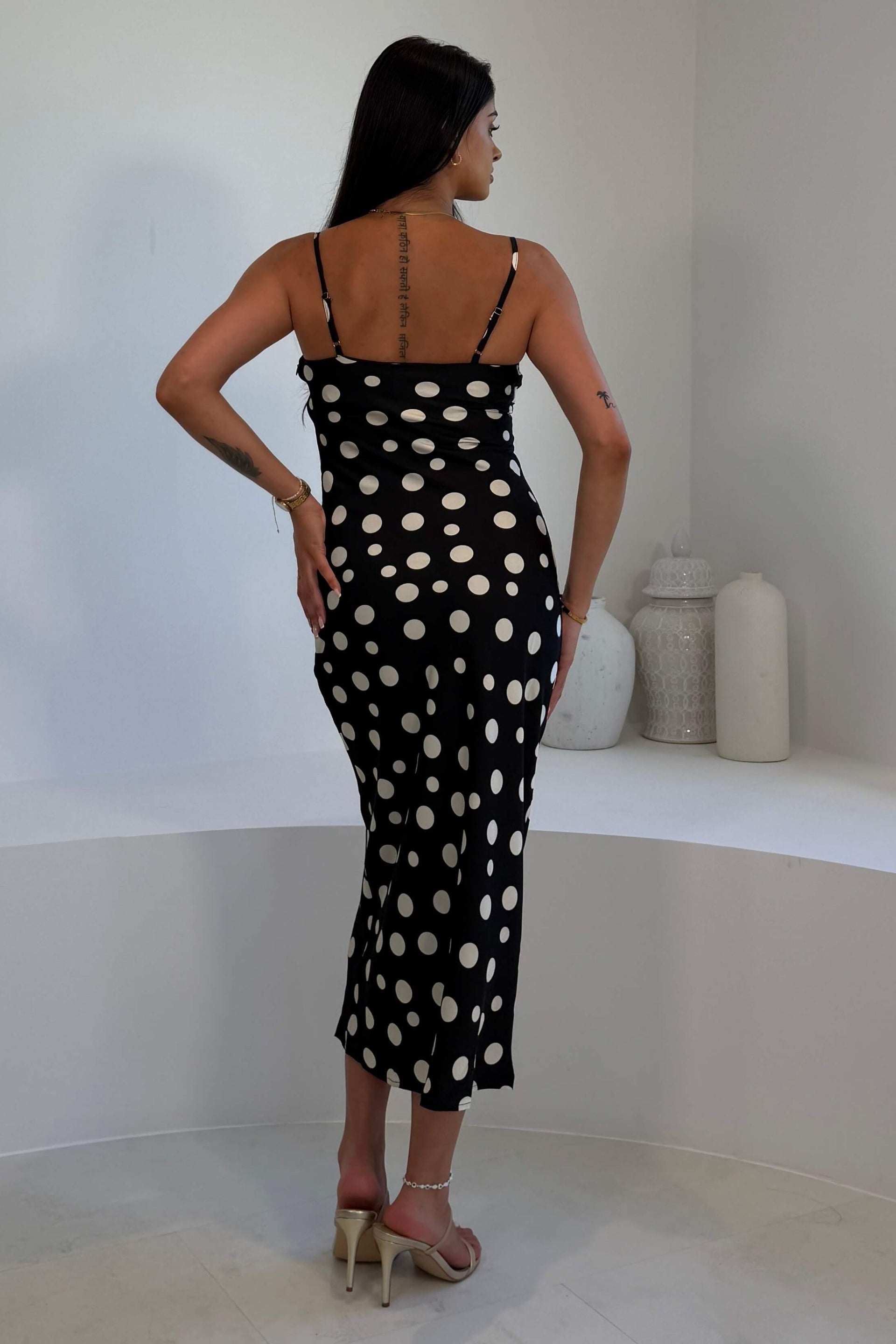 Naomi Black Polka Slip Midi Dress