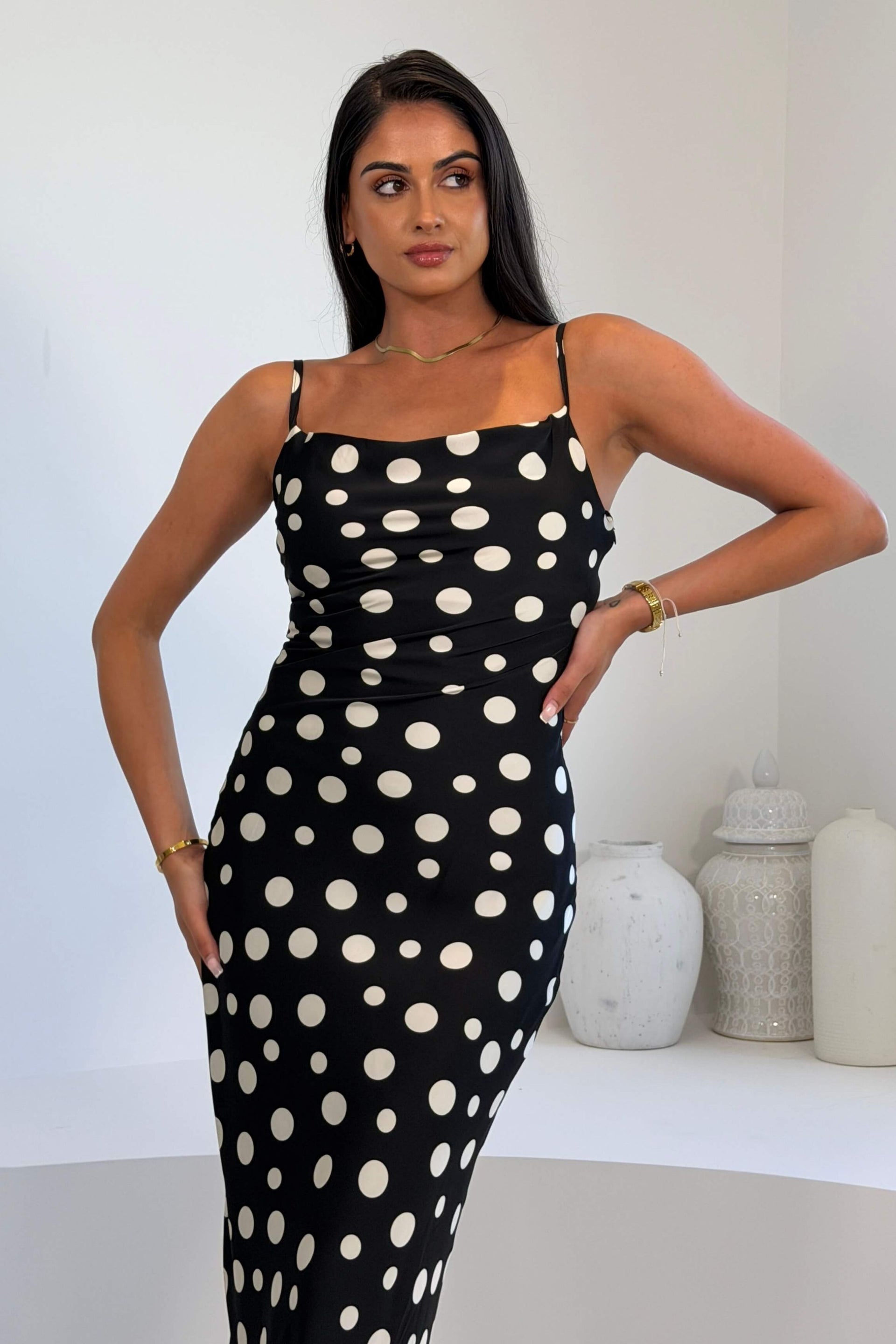 Naomi Black Polka Slip Midi Dress