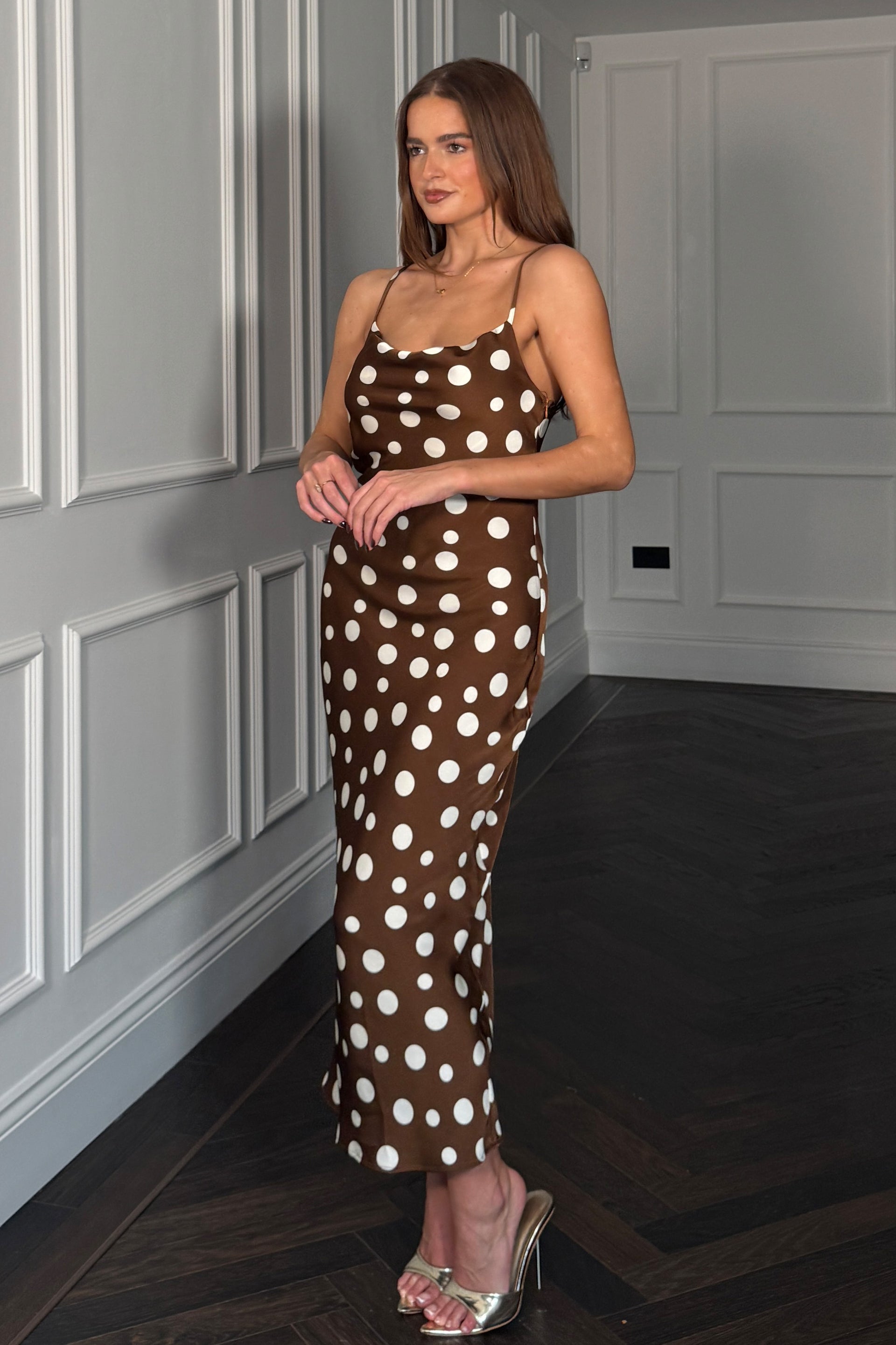 Naomi Brown Polka Slip Midi Dress