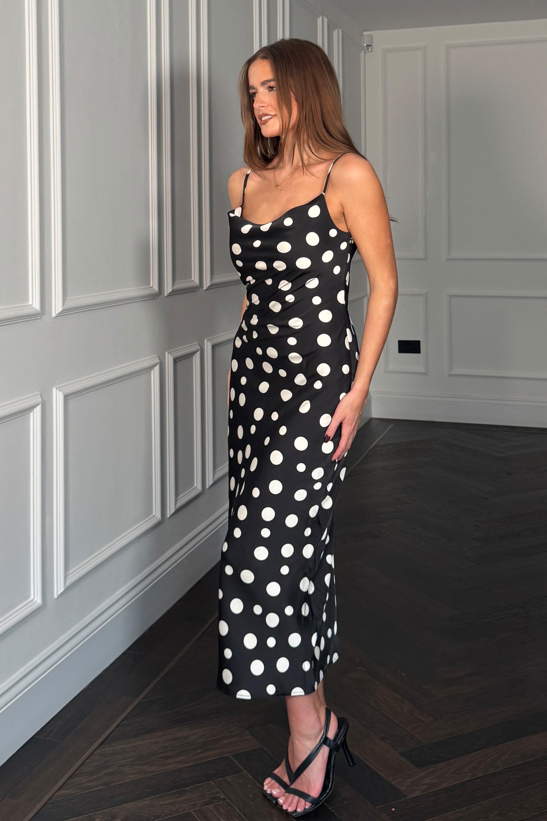 Naomi Black Polka Slip Midi Dress