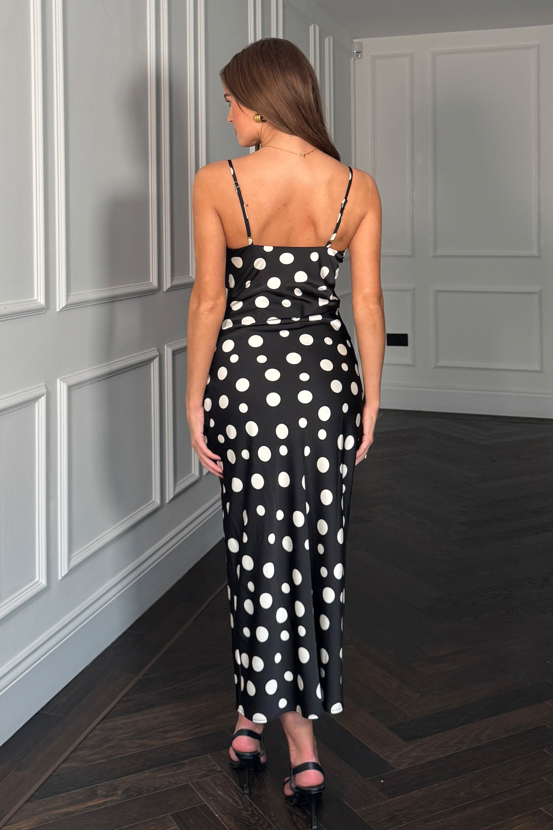 Naomi Black Polka Slip Midi Dress